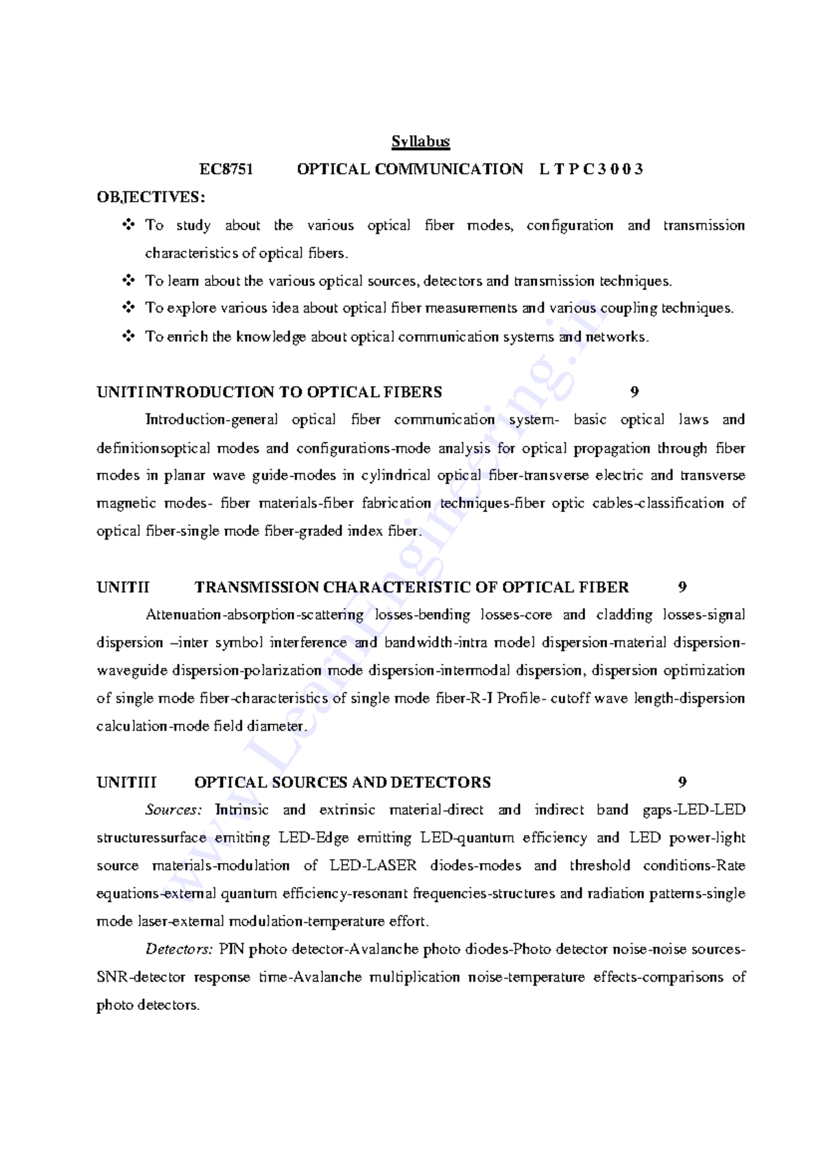 EC8751Optical Communication Question BANK Syllabus EC8751 OPTICAL