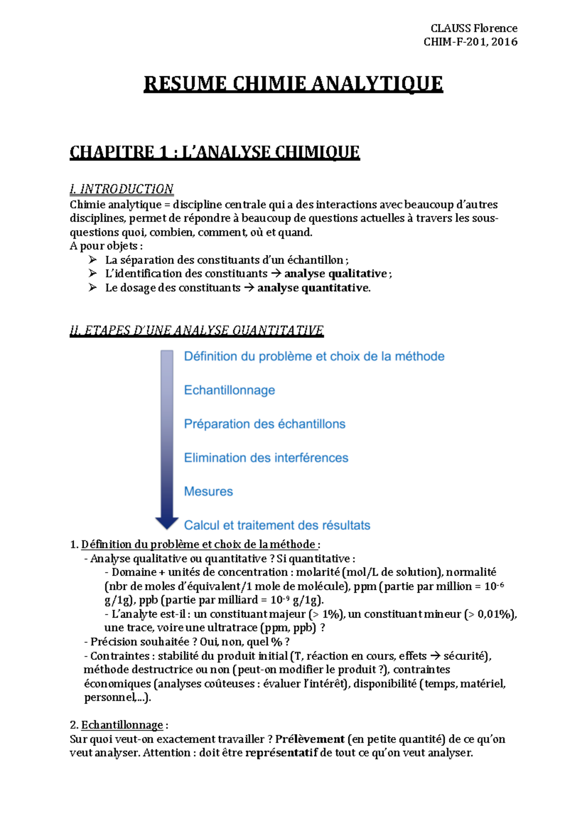 Résumé Du Chapitre 1 Resume Chimie Analytique - CHIM-F- 201, RESUME CHIMIE ANALYTIQUE