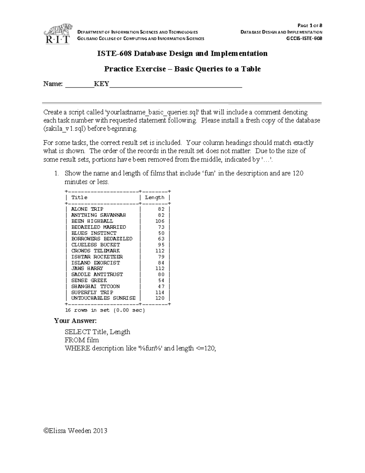 Practice Solution Basic queries to a table - DEPARTMENT OF INFORMATION ...