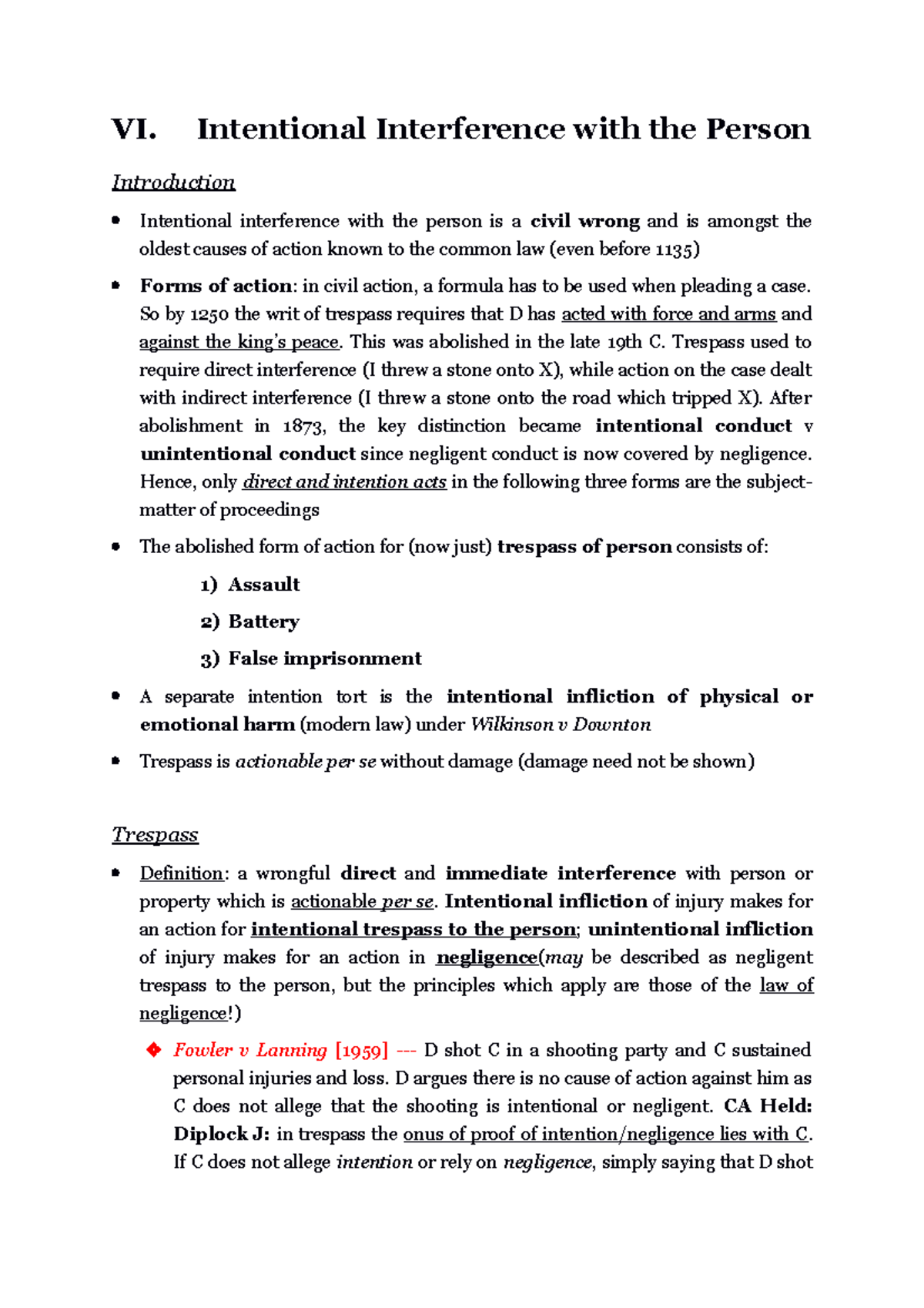 Lecture notes, lecture Intentional interference with the person VI
