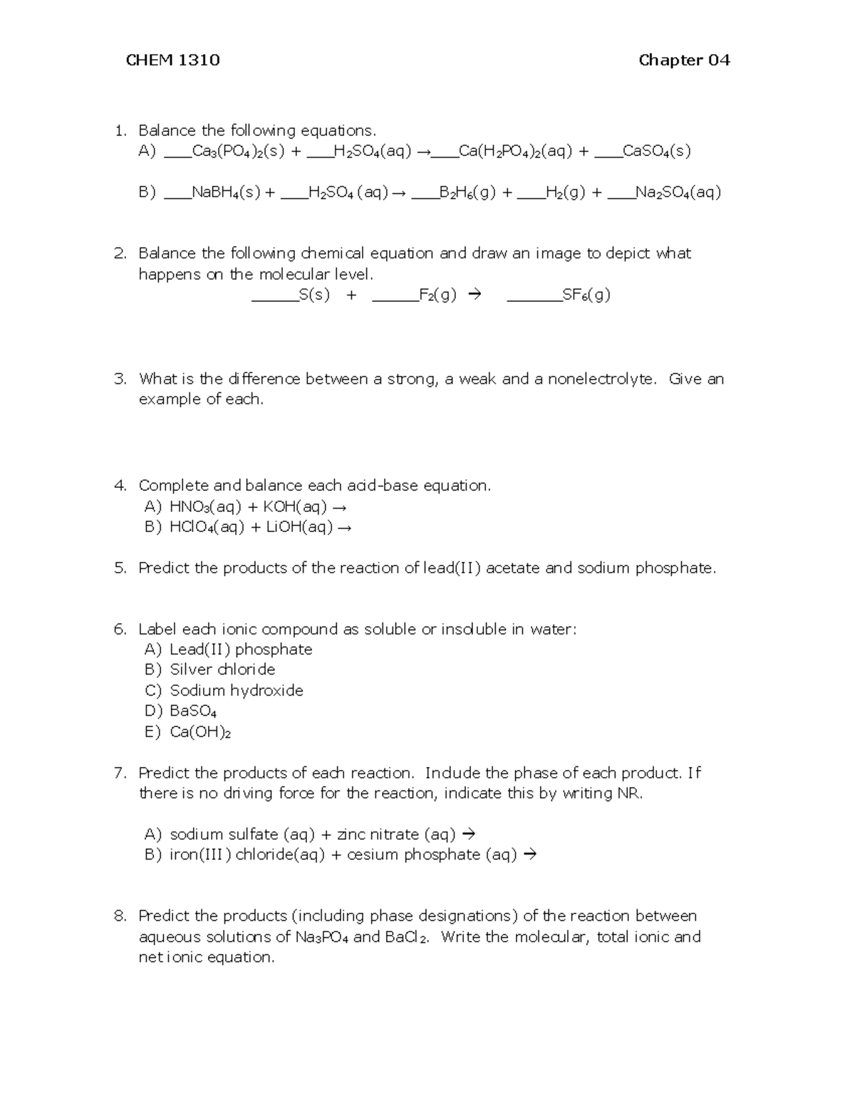 Chapter 04 Recitation Problems - CHEM 1310 Chapter 04 Balance the ...