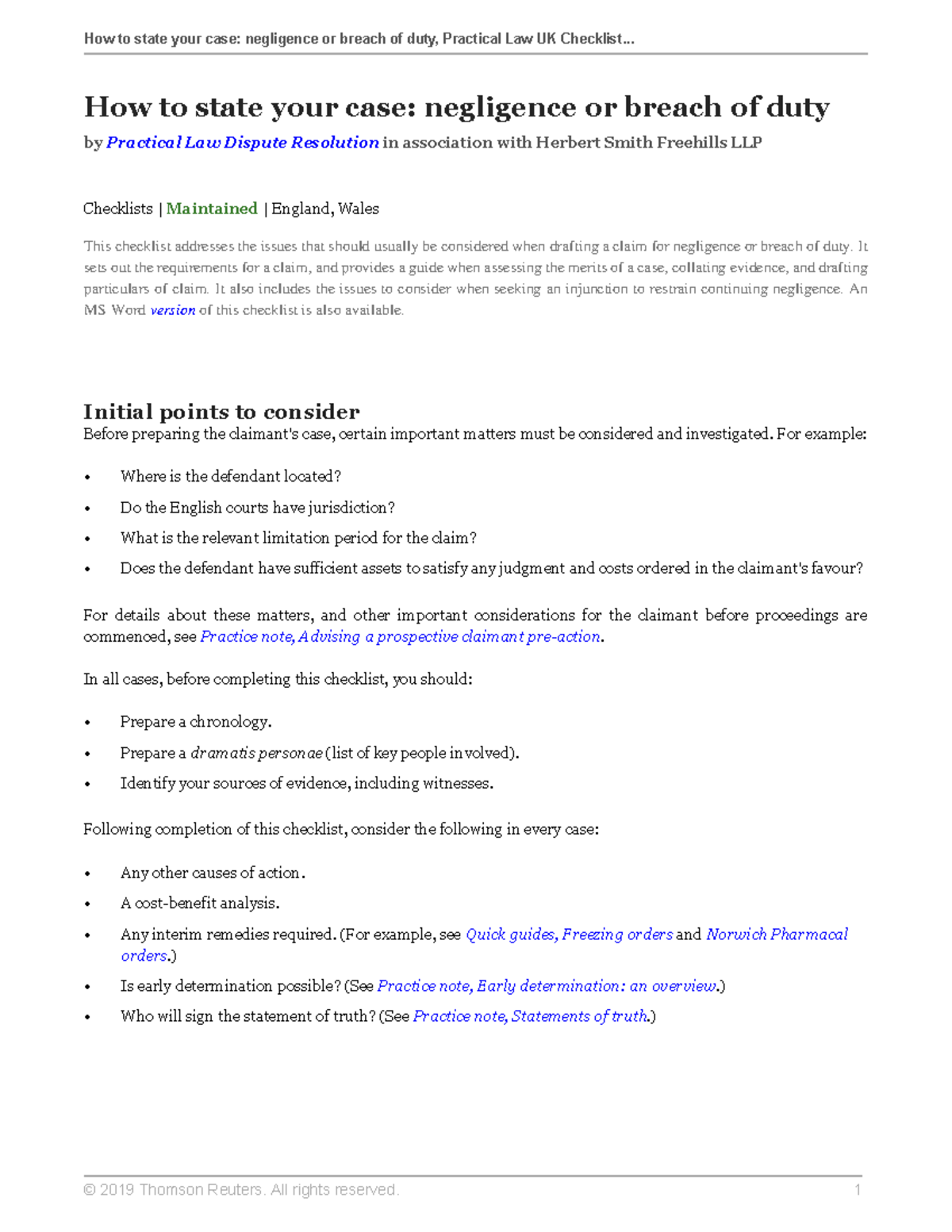 Checklist Negligence Full Version How to state your case negligence or breach of duty by