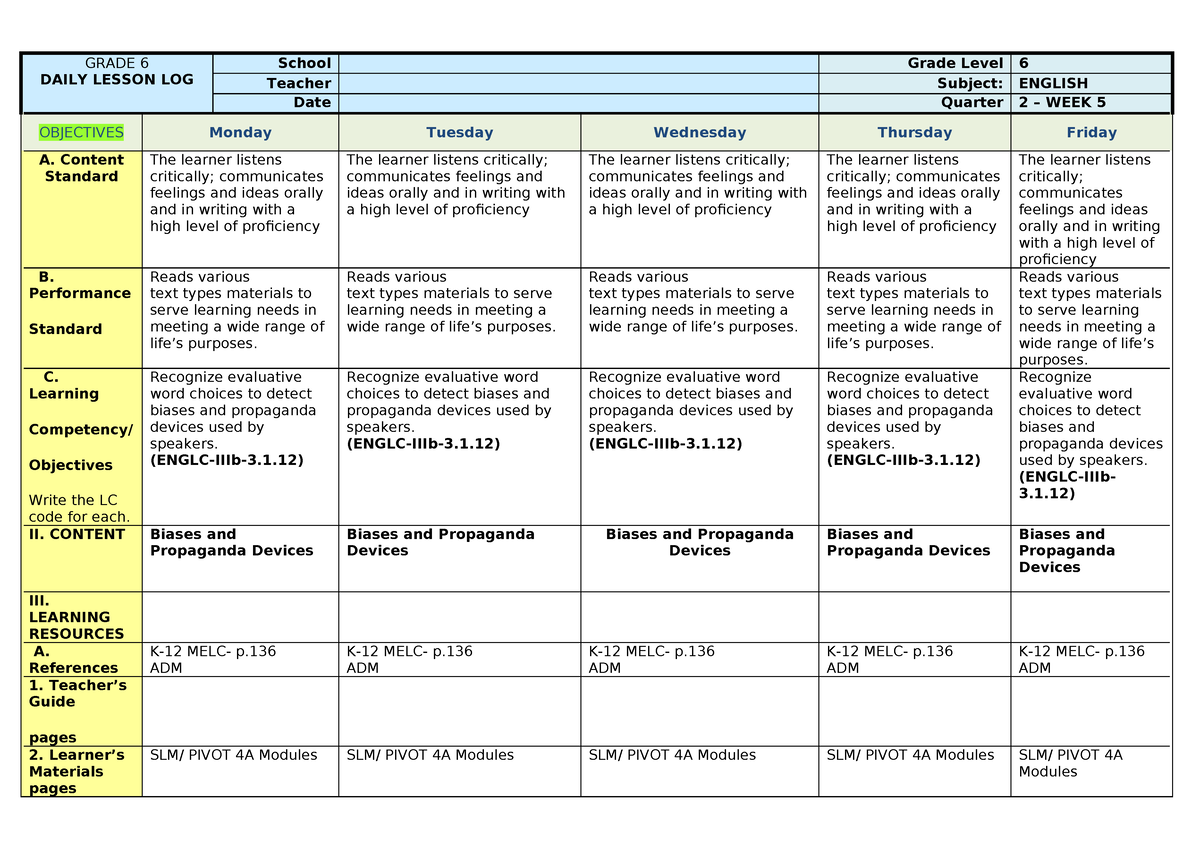 WEEK5-dll- English - GRADE 6 DAILY LESSON LOG School Grade Level 6 ...