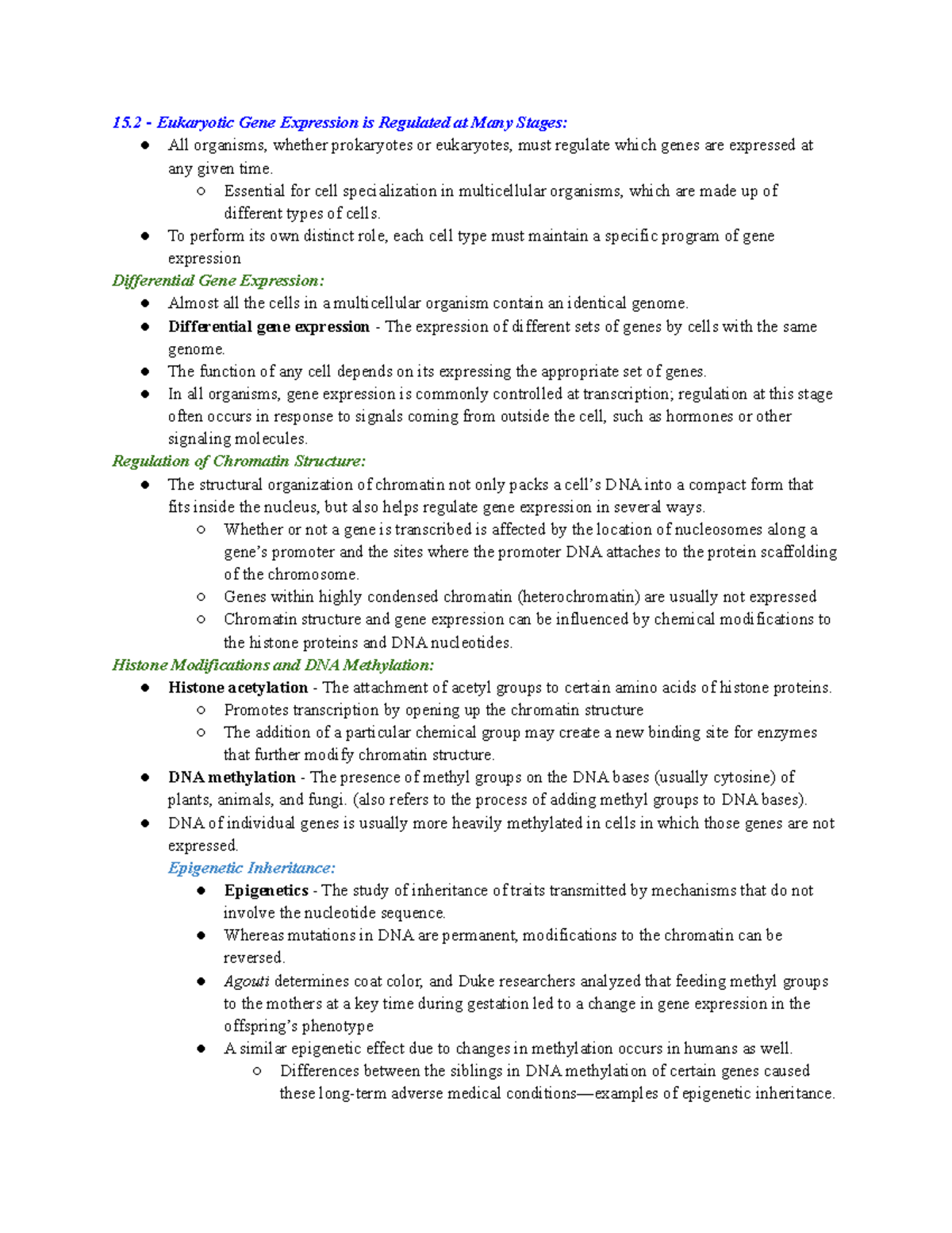 Chapter 15 notes pt. 2 - 15 - Eukaryotic Gene Expression is Regulated