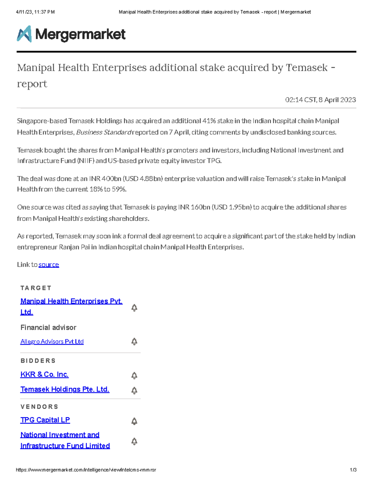 Manipal Health Enterprises additional stake acquired by Temasek ...