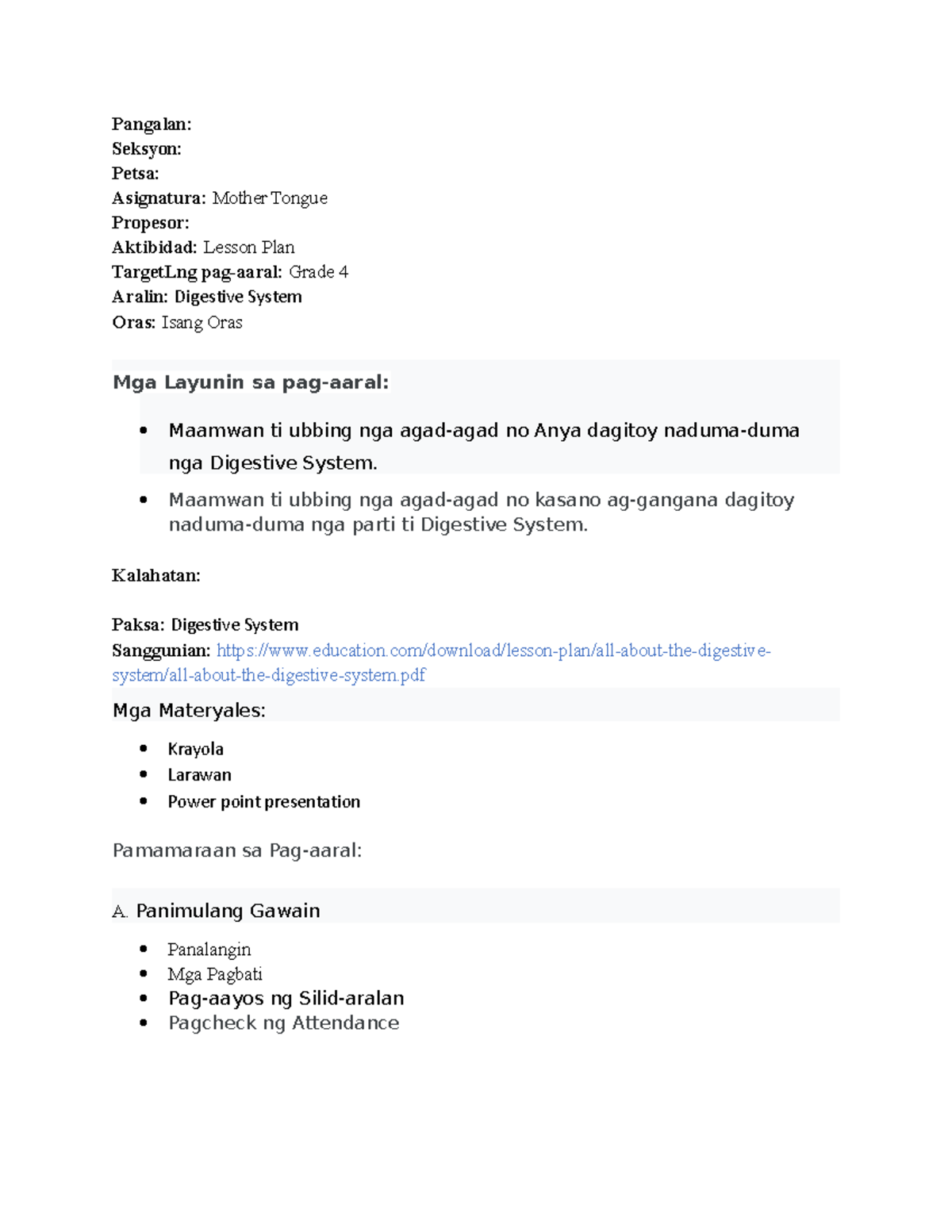 MOTHER TONGUE DETAILED LESSON PLAN ELEMENTARY LEVEL - Pangalan: Seksyon ...