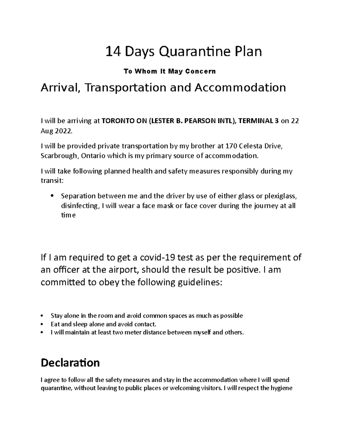 14 Days Quarantine Plan - 14 Days Quarantine Plan To Whom It May ...