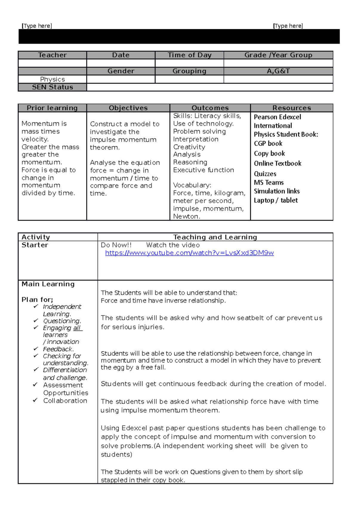 Lesson Plan Grade 8 Physics - [Type Here] [Type Here] Teacher Date Time ...