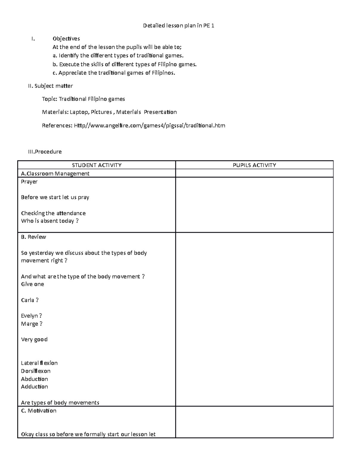 Detailed lesson plan in PE 1 carl - Detailed lesson plan in PE 1 I ...