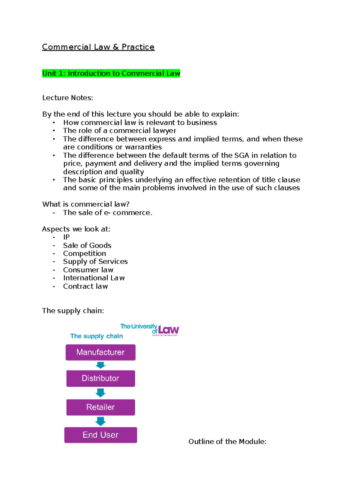Commercial Law Notes - Commercial Law & Practice Unit 1: Introduction ...