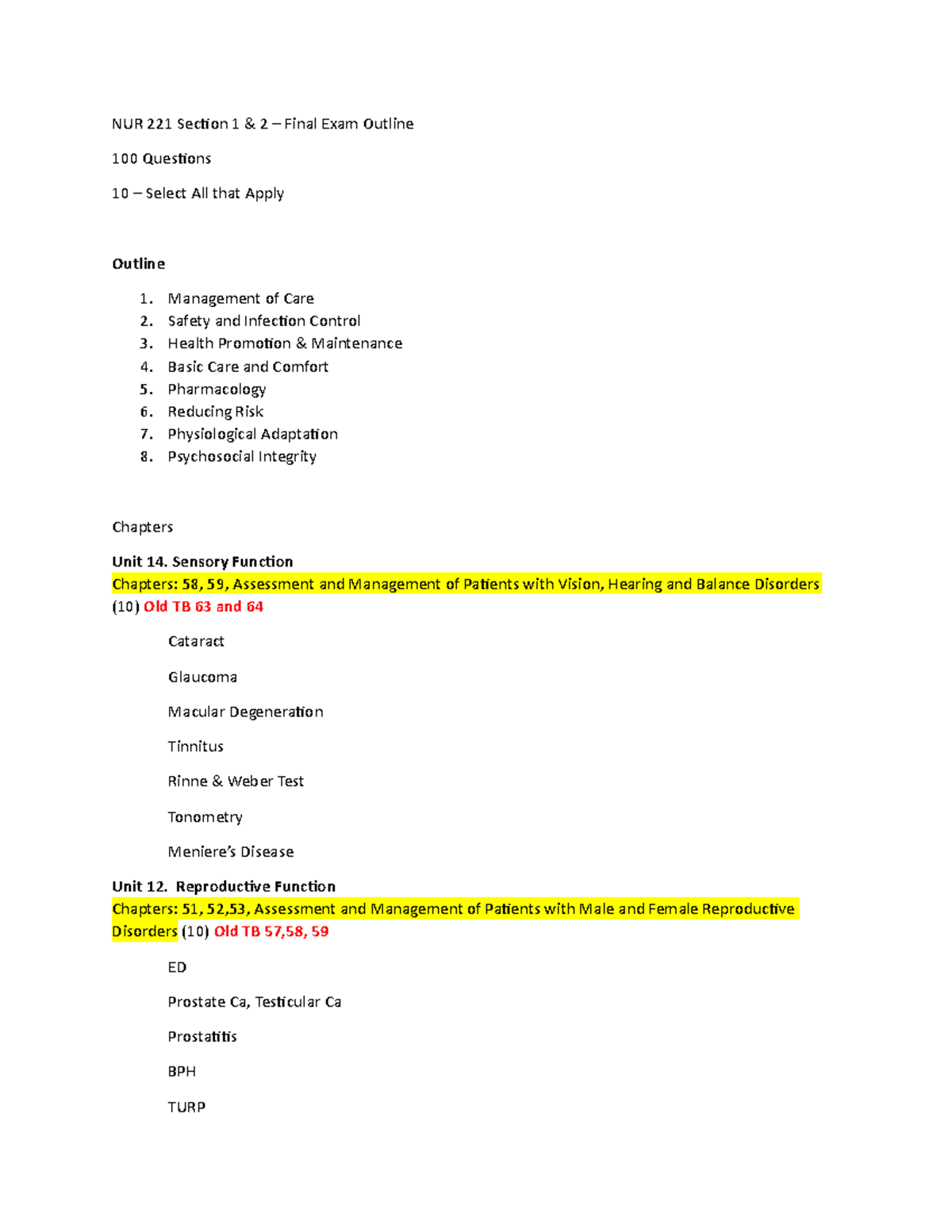 NUR 221 - Final Exam Review - NUR 221 Section 1 & 2 – Final Exam ...