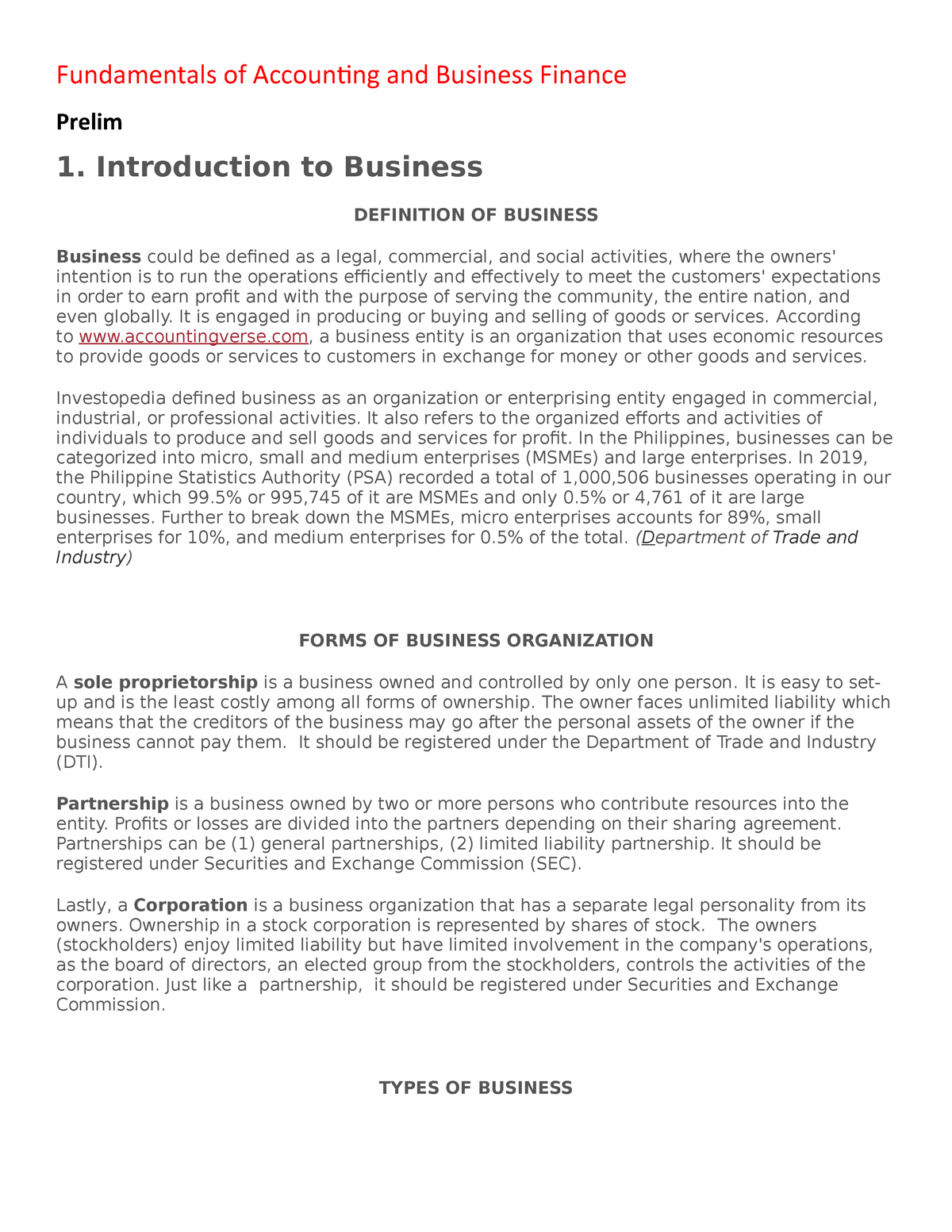 Fundamentals Of Accounting And Business Finance Notes - Fundamentals Of ...