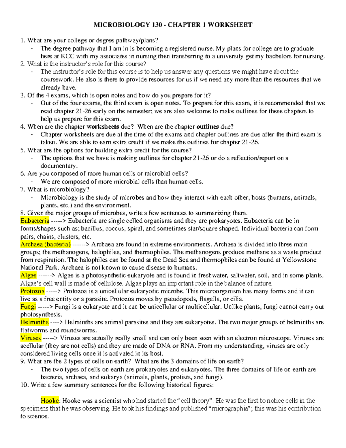 Comp. chapter 1 worksheet - MICROBIOLOGY 130 - CHAPTER 1 WORKSHEET What