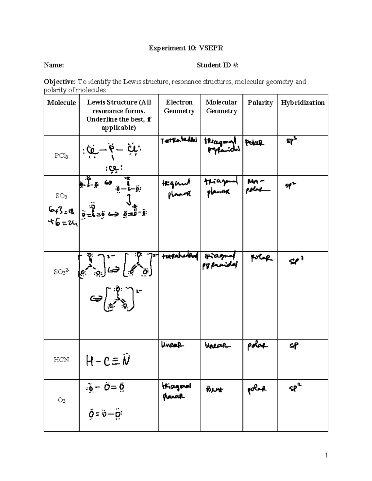 EXP11 - Vsepr - Lab report - 1 Experiment 10: VSEPR Name: Student ID ...