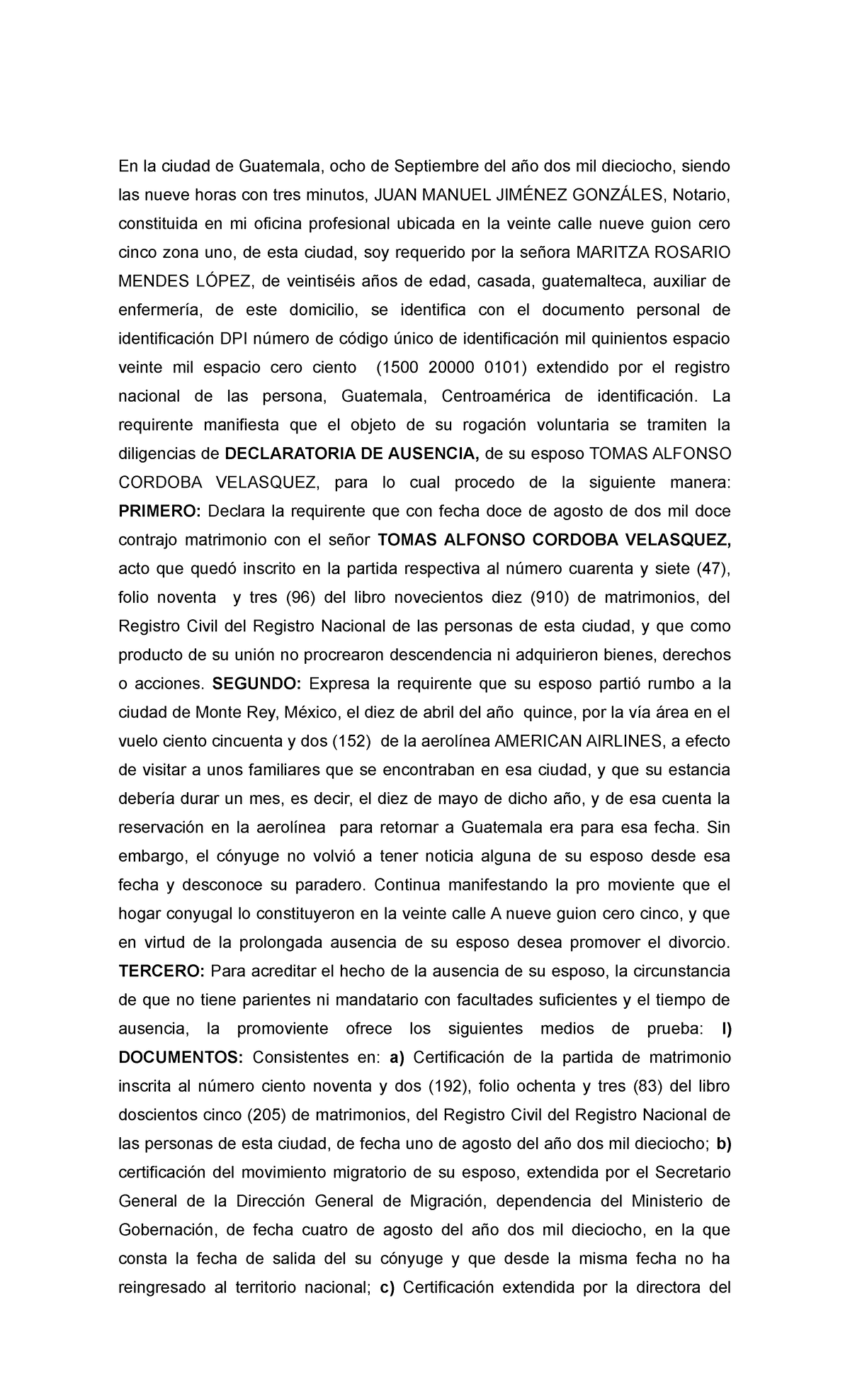 Acta Notarial De Declaratoria De Ausencia En La Ciudad De Guatemala Ocho De Septiembre Del 5763