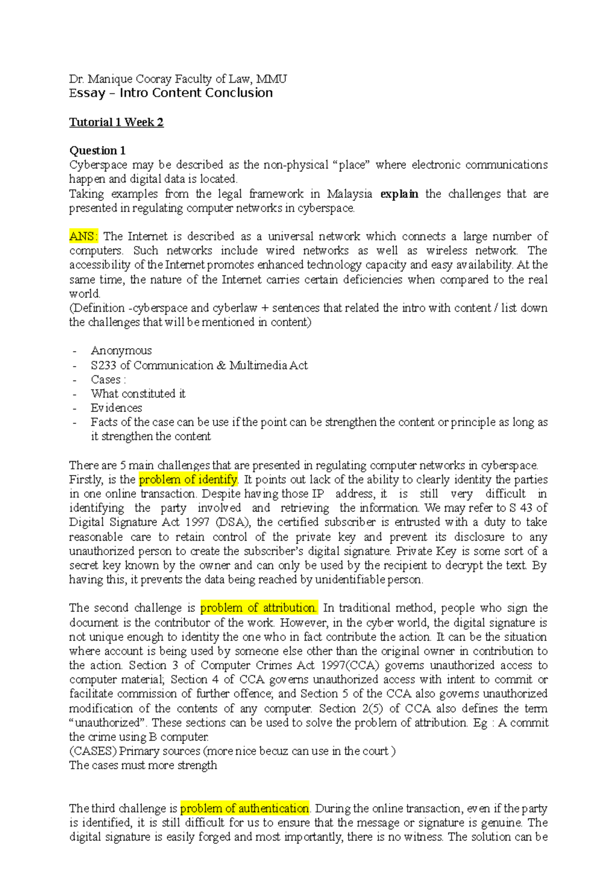 Cyber Law Tutorial 1 Intro - Dr. Manique Cooray Faculty Of Law, MMU ...