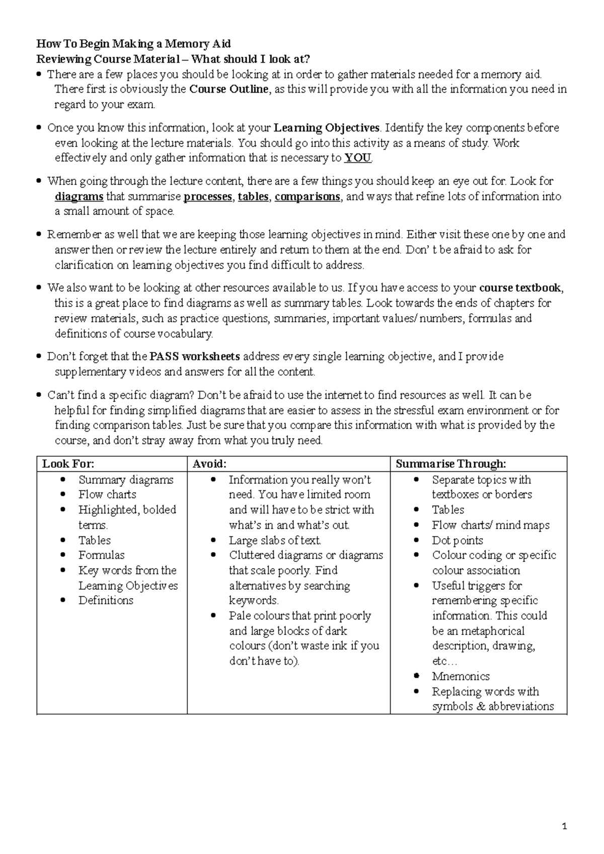 PASS Memory Aid Guide-3 - How To Begin Making a Memory Aid Reviewing ...