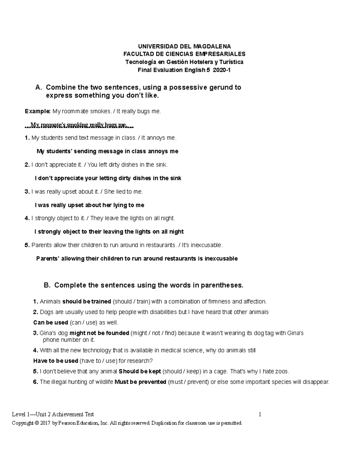 Examen final de ingles resuelto - Level 1—Unit 2 Achievement Test ...