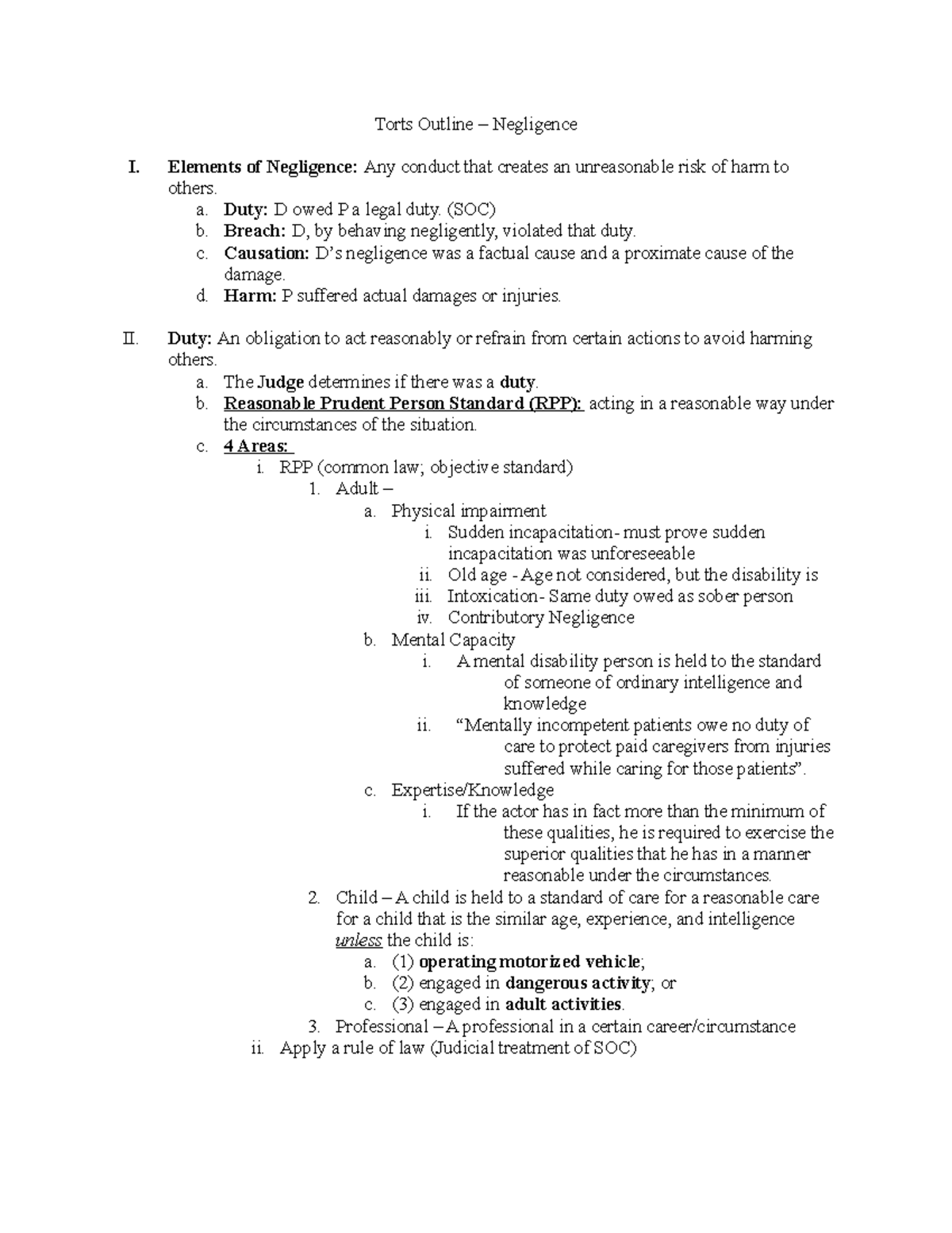 Torts Negligence outline - 2 - Torts Outline – Negligence I. Elements ...