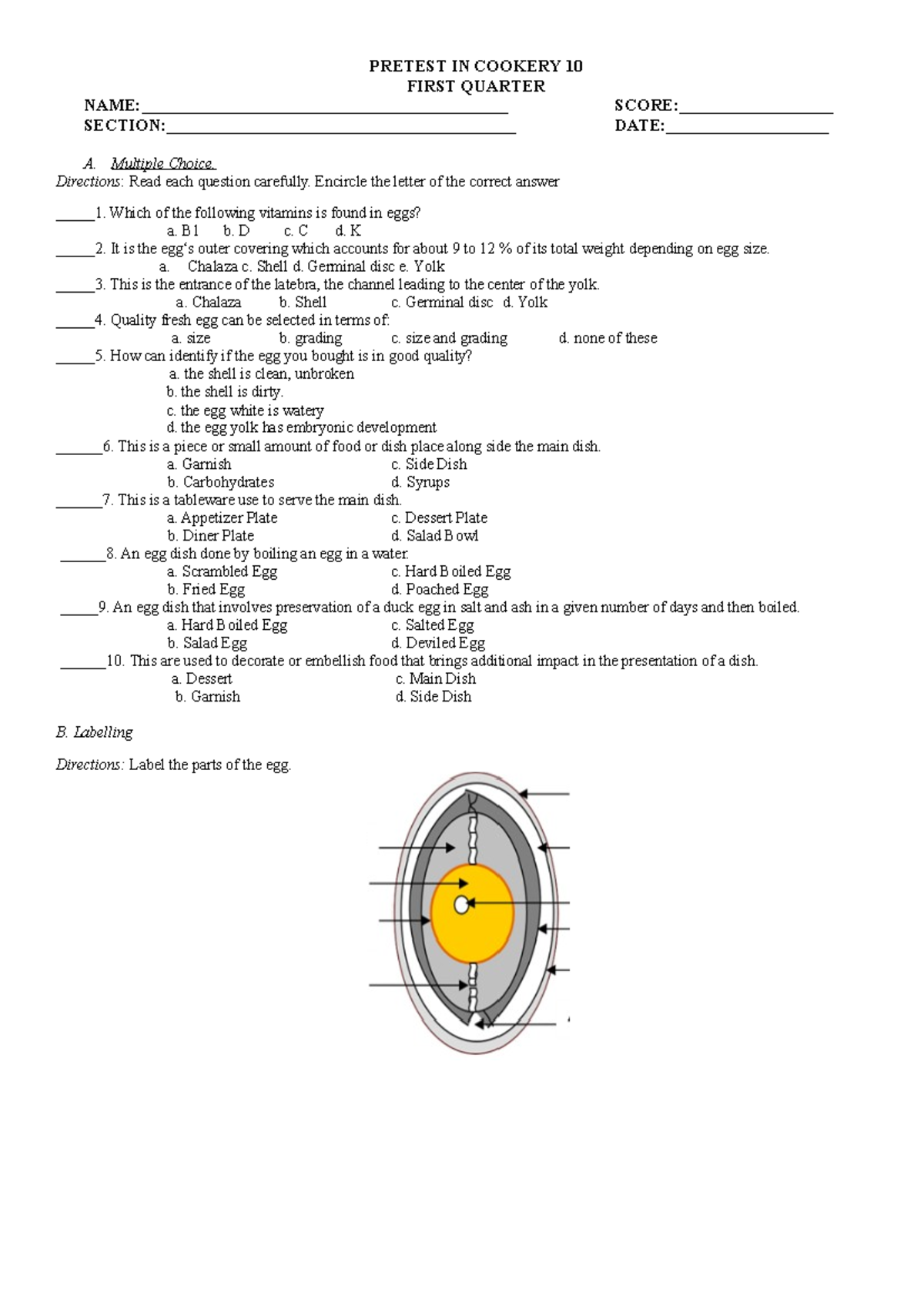 Pretest IN Cookery 10 - Materials - PRETEST IN COOKERY 10 FIRST QUARTER ...