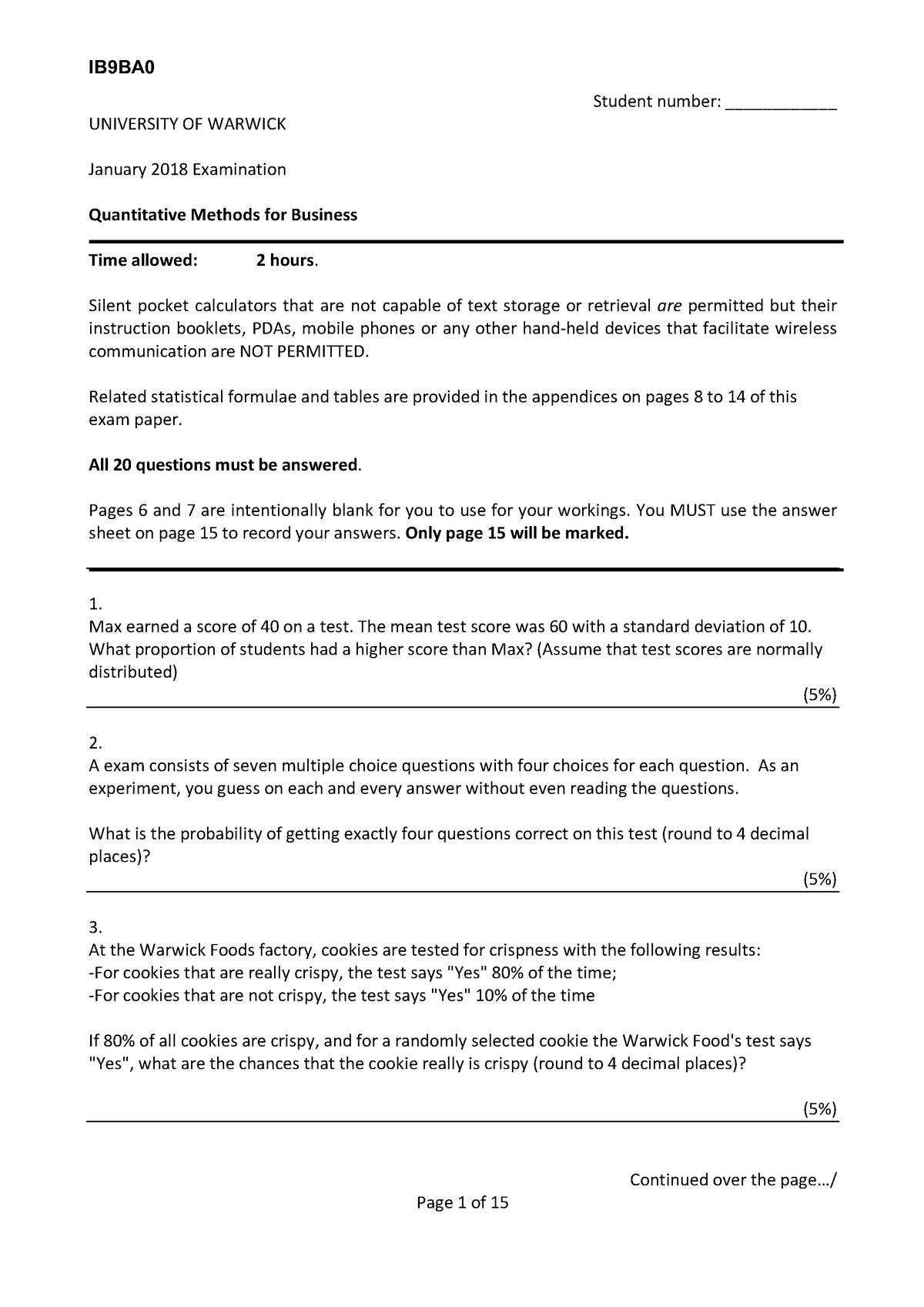 2018 Jan - past paper - Student number: ____________ UNIVERSITY OF ...