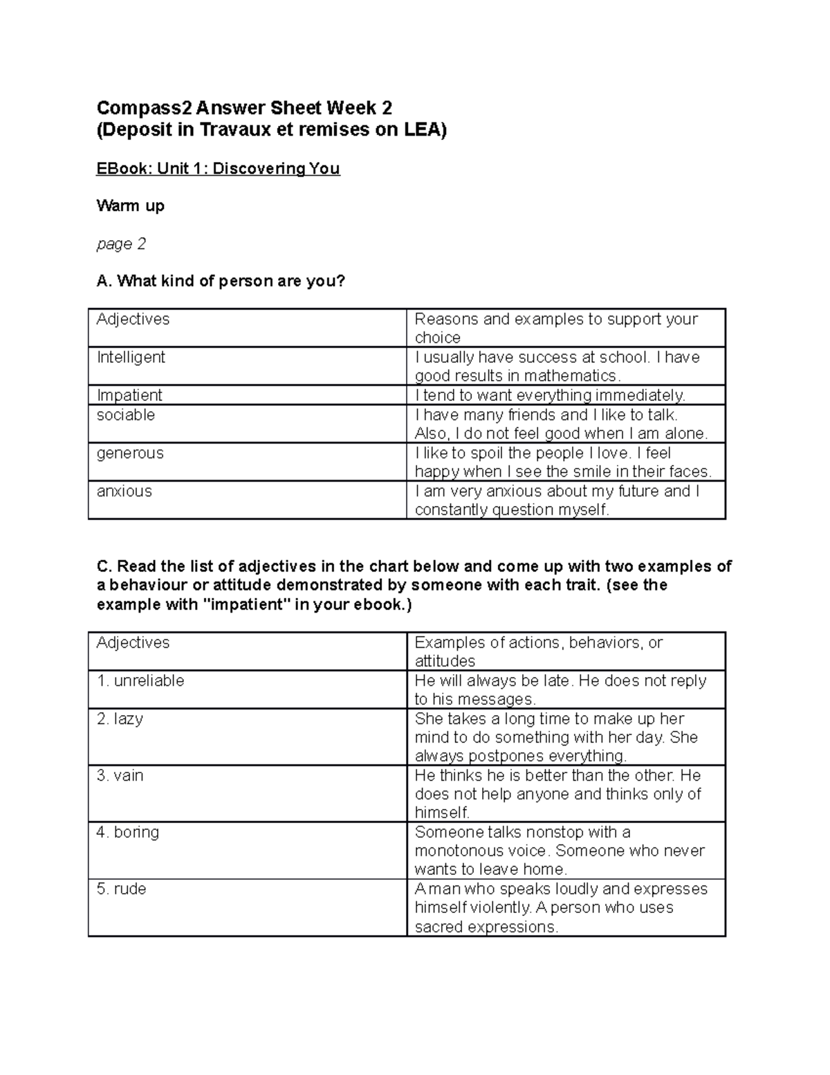 Compass 2 Answer Sheet 1 - What kind of person are you? Adjectives ...