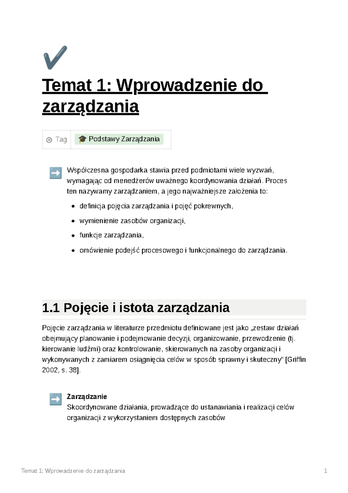 Podstawy Zarządzania Notatki - Temat 1: Wprowadzenie do zarządzania 1 ...