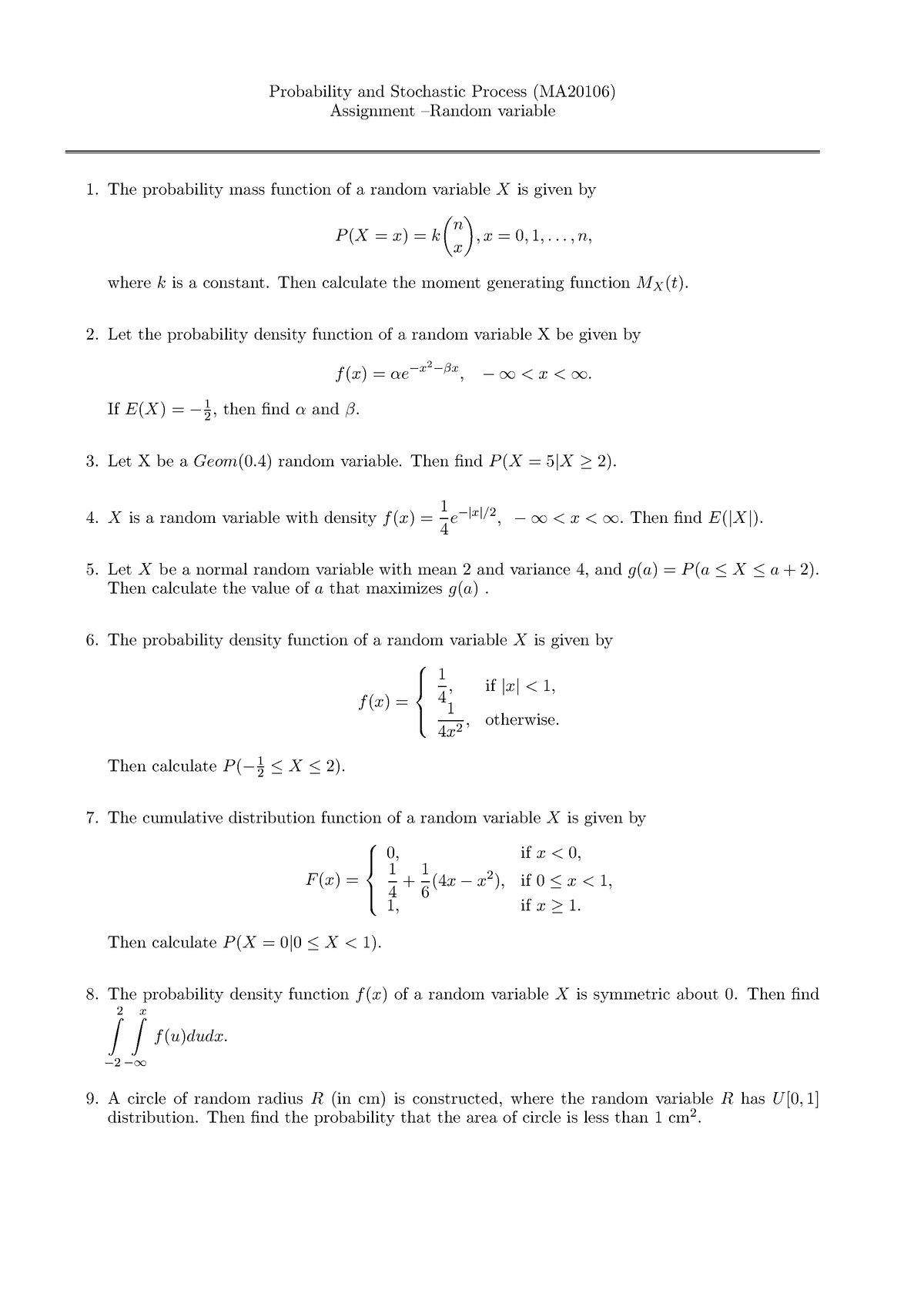 3. Assignment 2 RV pmf pdf Distributions - Probability and Stochastic ...