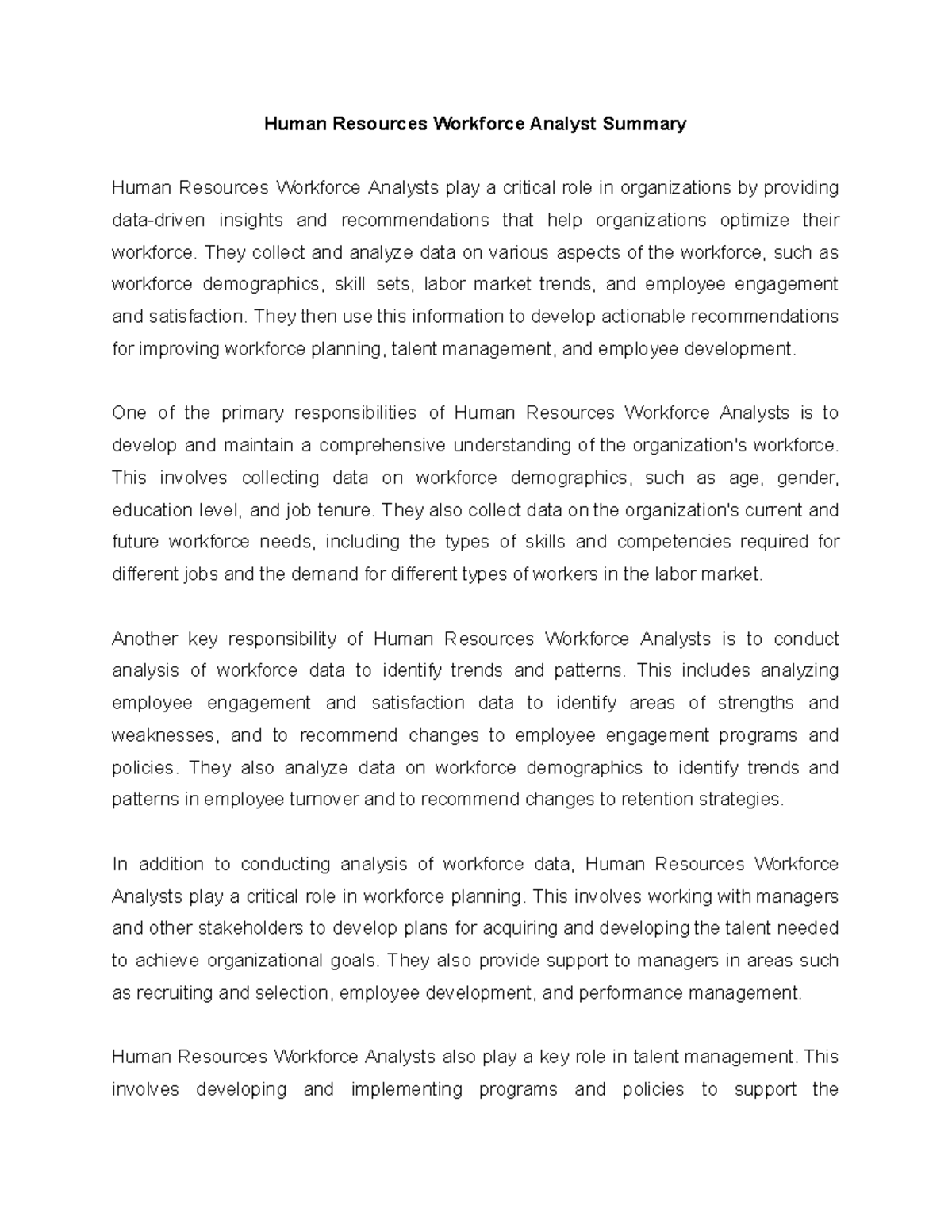 Human Resources Workforce Analyst Summary Target Market Summary - Human ...