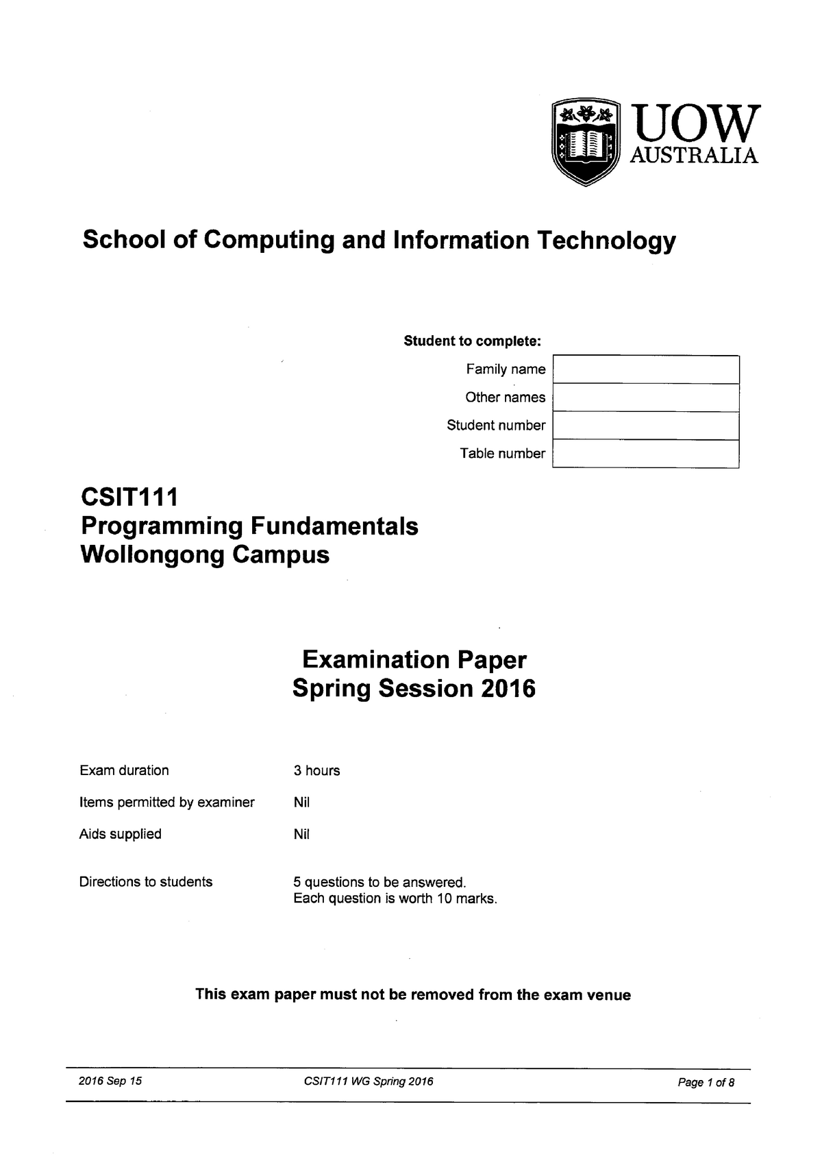 2016 Exam CSIT111 Semester 2 - CSIT 111 - Studocu