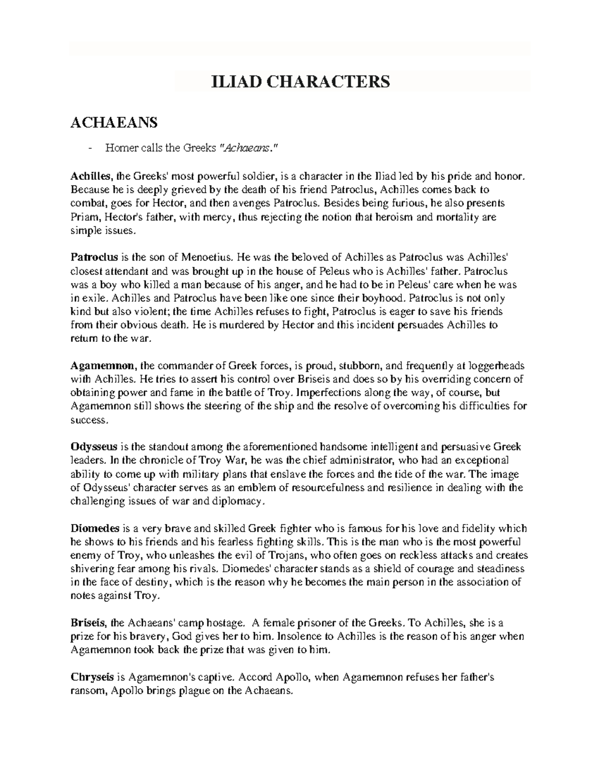 Characters of Iliad by Homer - ILIAD CHARACTERS ACHAEANS Homer calls ...