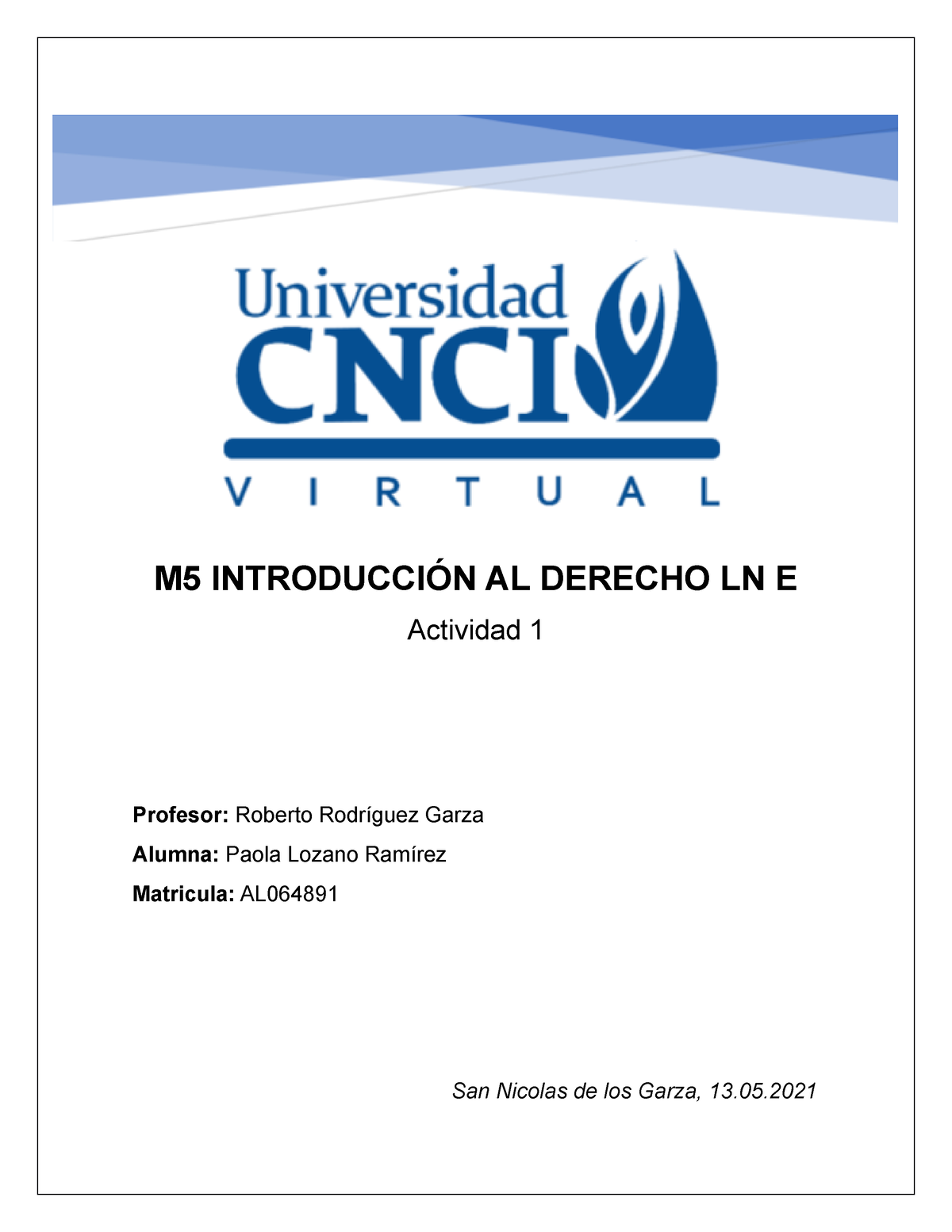 Introducción Al Derecho- Actividad 1 - M5 INTRODUCCIÓN AL DERECHO LN E ...