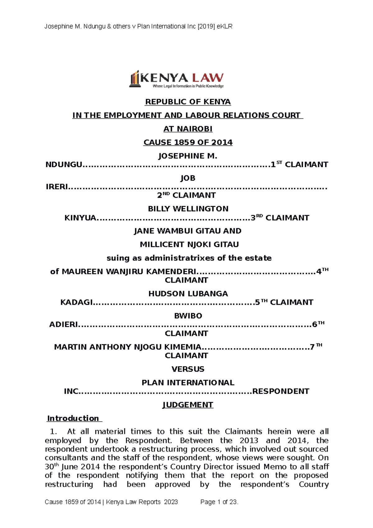 Cause 1859 of 2014 n/a REPUBLIC OF KENYA IN THE EMPLOYMENT AND