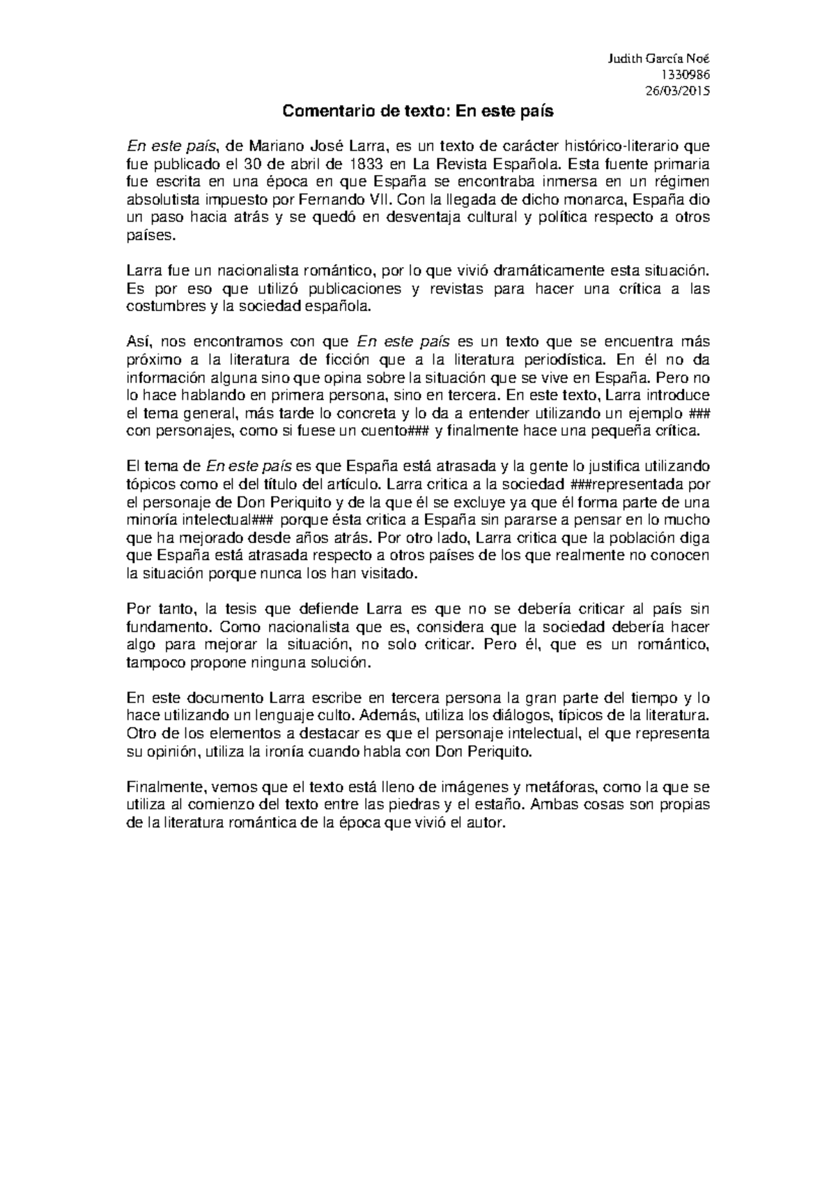 Comentario De Texto En Este Pais De Larra Historia Del Periodisme Studocu
