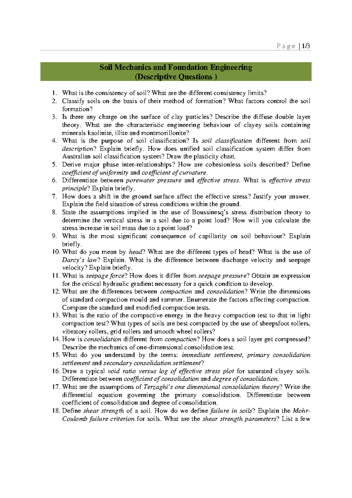 Descriptive Practice Questions - P a g e | 1 / Soil Mechanics and ...