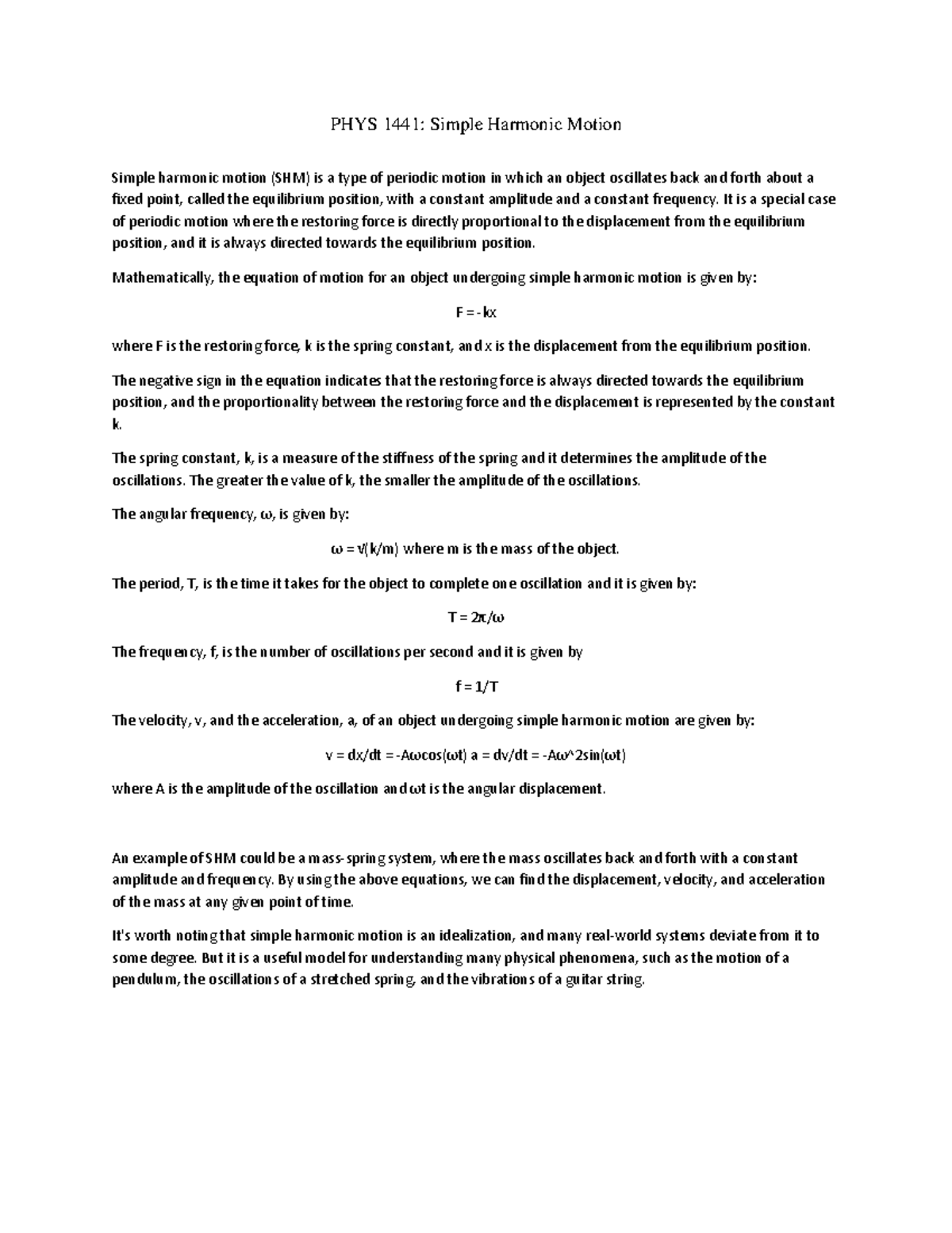 Simple Harmonic Motion - PHYS 1441: Simple Harmonic Motion Simple ...