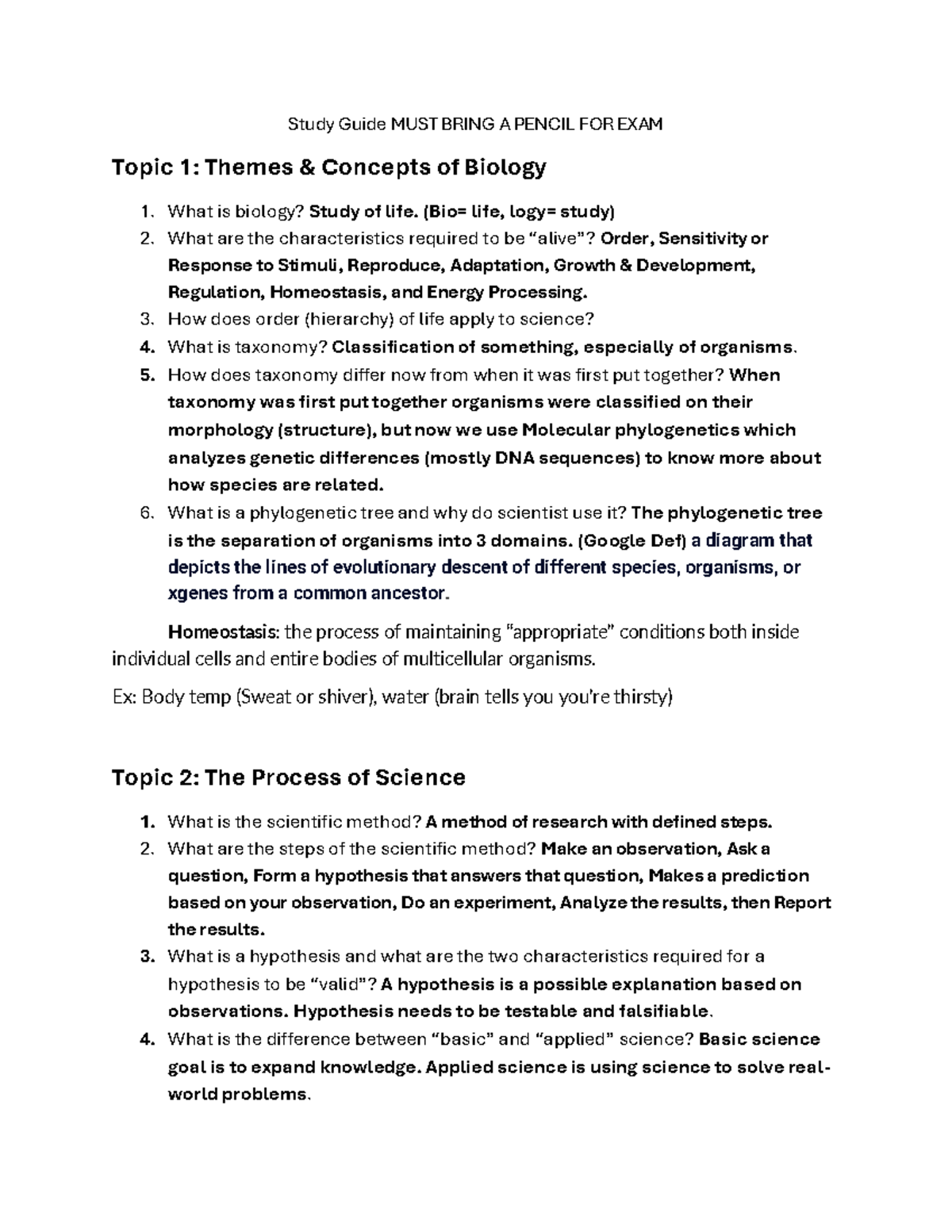 BIO10 Study Guide Mod1 - Study Guide MUST BRING A PENCIL FOR EXAM Topic ...