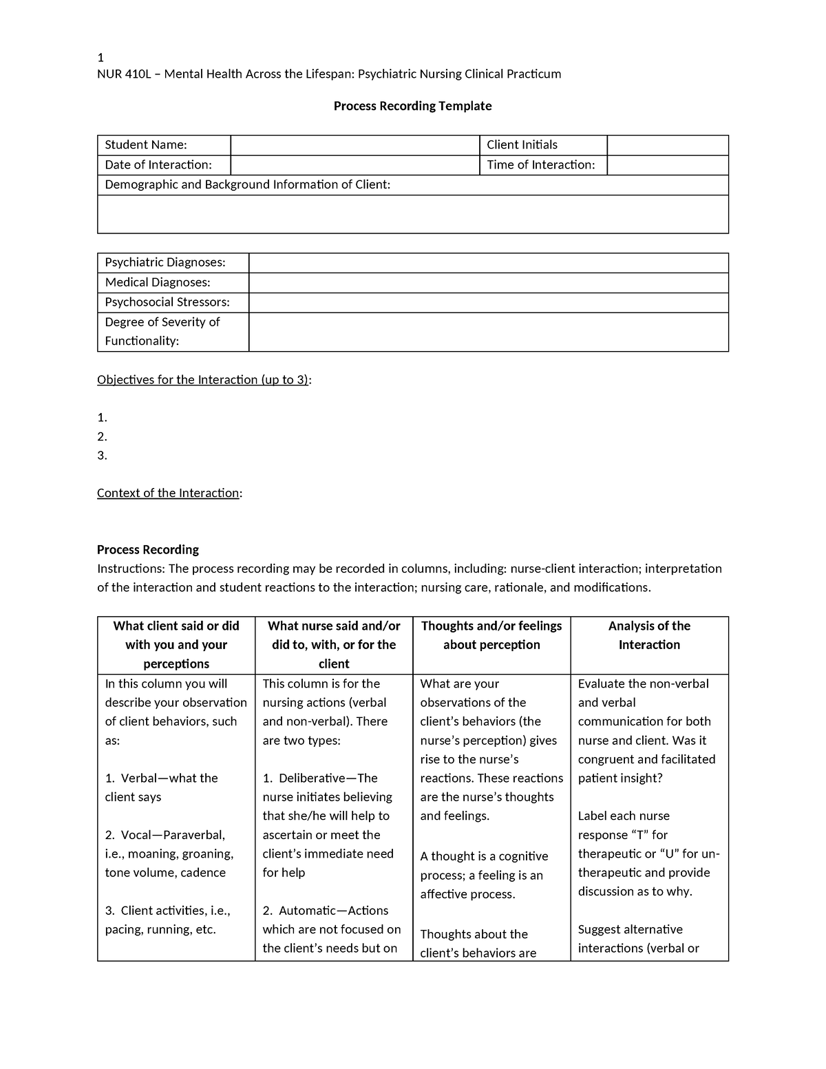 NUR 410L - Process Recording Template - 1 NUR 410L – Mental Health ...