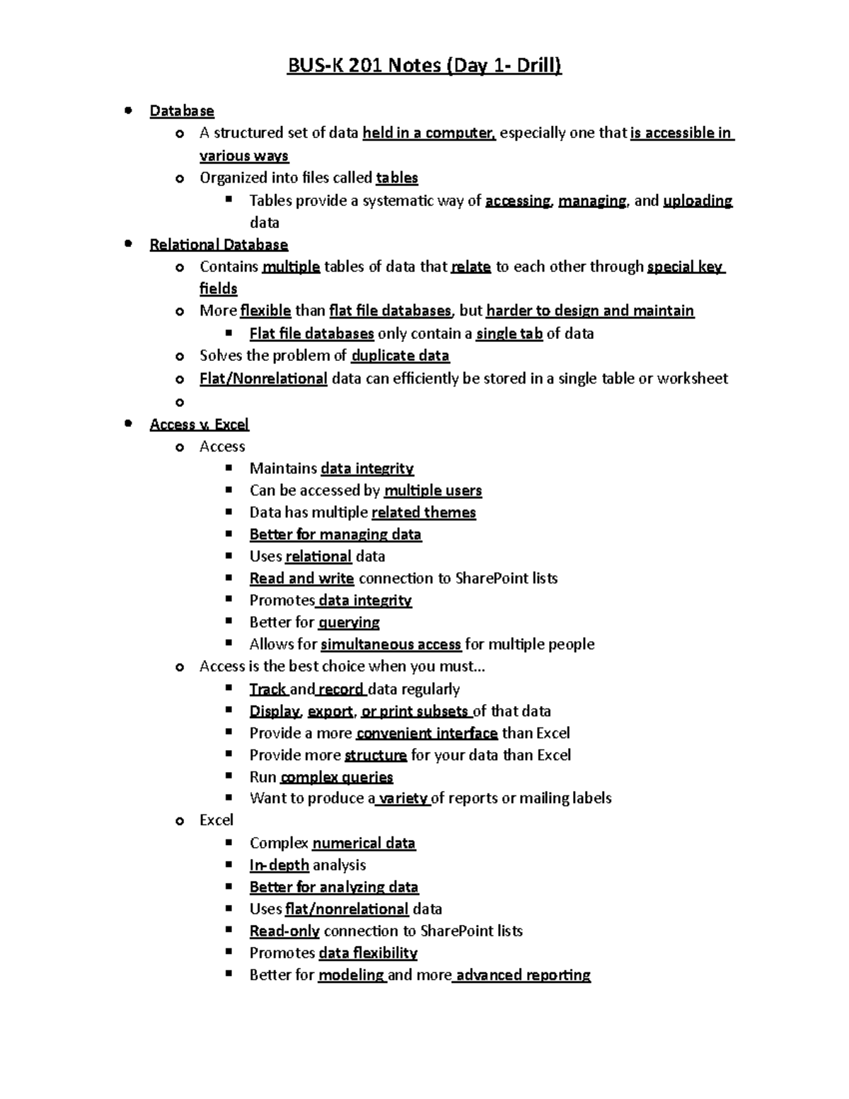 Bus K 201 Notes Day 1 Drill Bus K 201 Notes Day 1 Drill Database O A Structured Set Of Bus K 201 Notes Day 1 Drill Bus K 201 Notes Day 1 Drill Database O A Structured Set Of