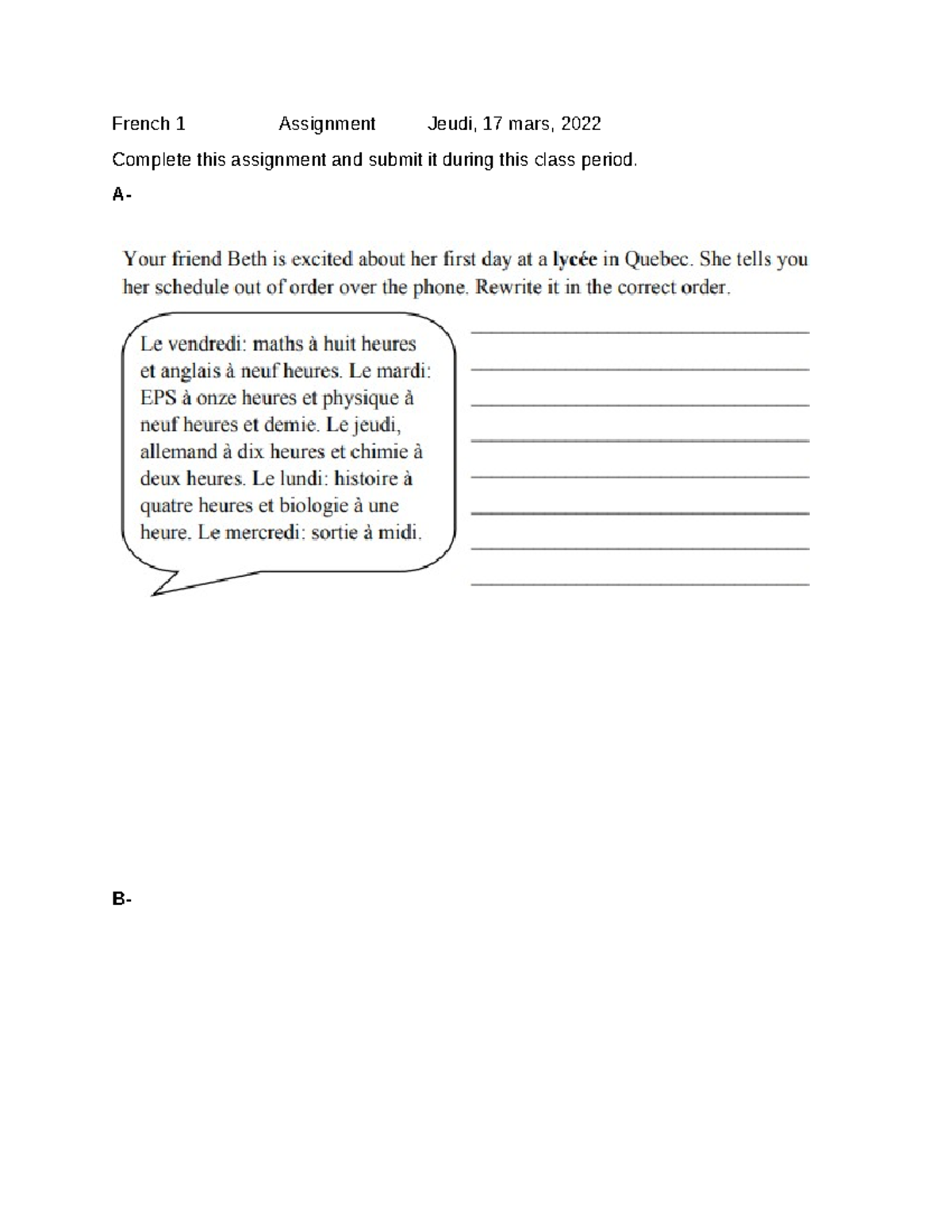 French 1 Assignment Jeudi 17 mars 2022 - French 1 Assignment Jeudi, 17 ...