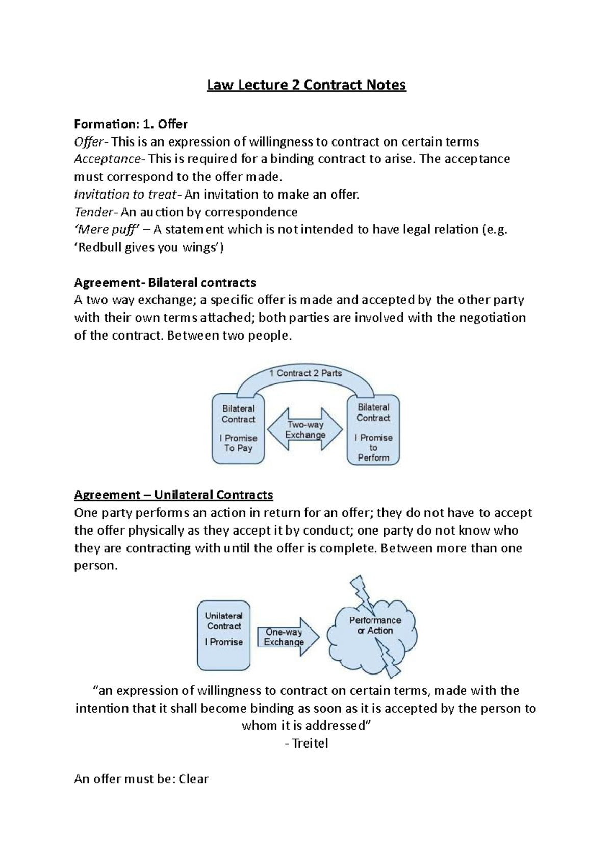 Law Lecture 2 Contract Notes - Law Lecture 2 Contract Notes Formaion: 1 ...