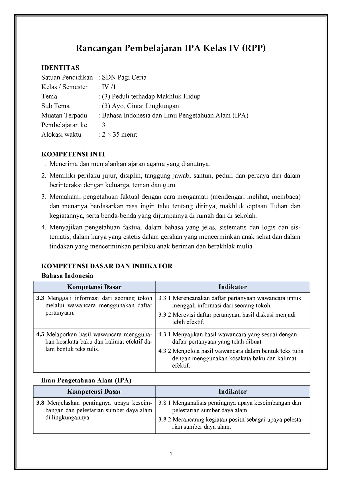 RPP K4T3ST3P3 - RPP Pembelajaran Tematik Lengkap - 1 Rancangan ...