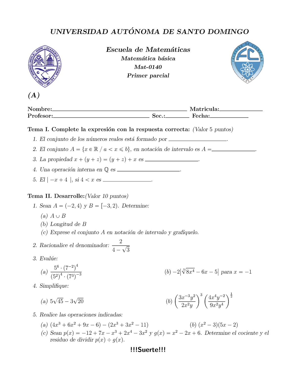 Primer Parcial De Matemática Básica Sección 144 - Matemática Básica ...