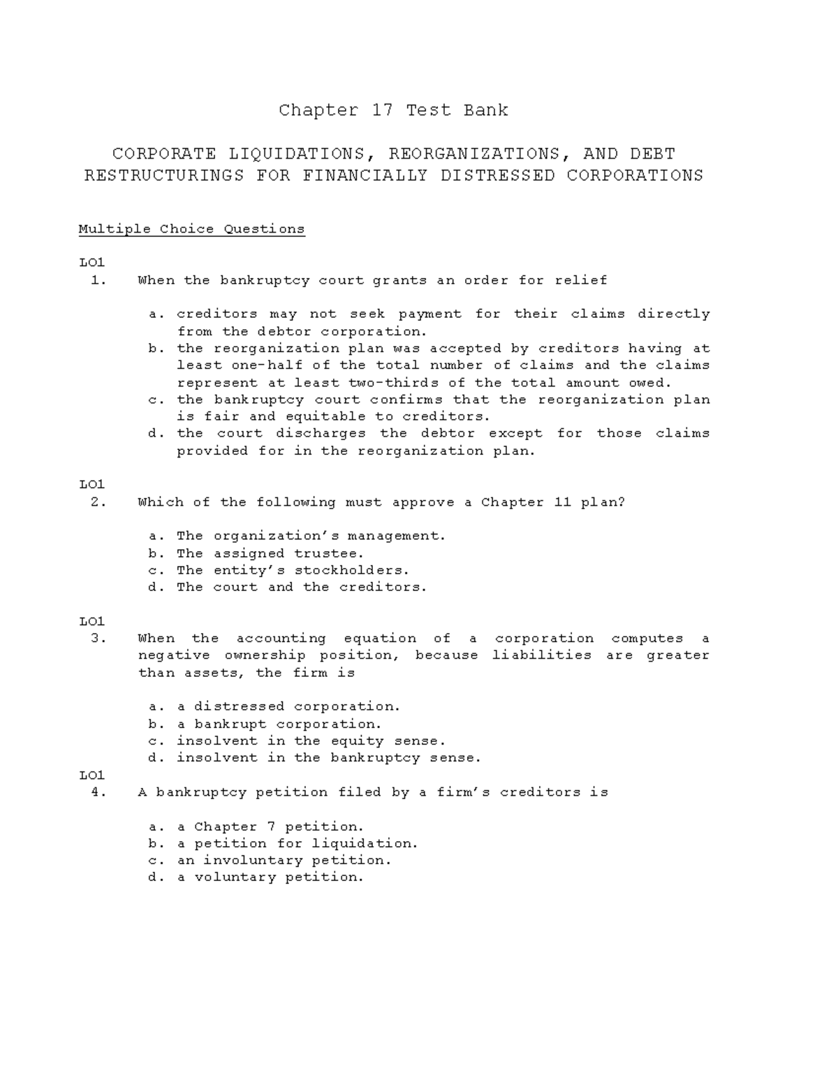 Chapter 17 Corporate Liquidations And Reorganizations - Chapter 17 Test ...