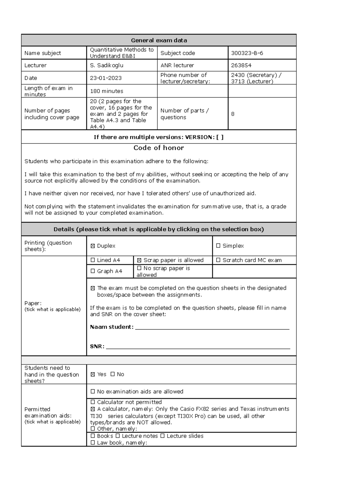 Resit january 2023 - General exam data Name subject Quantitative ...