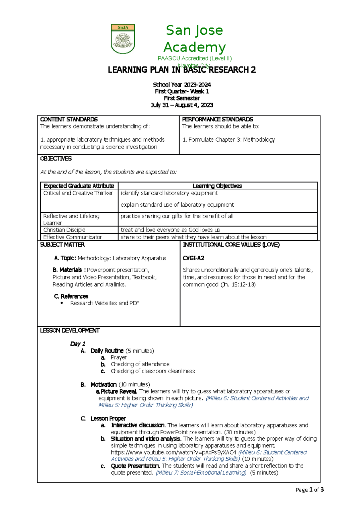 Basic Research 2 LP W1 - LEARNING PLAN IN BASIC RESEARCH 2 School Year ...