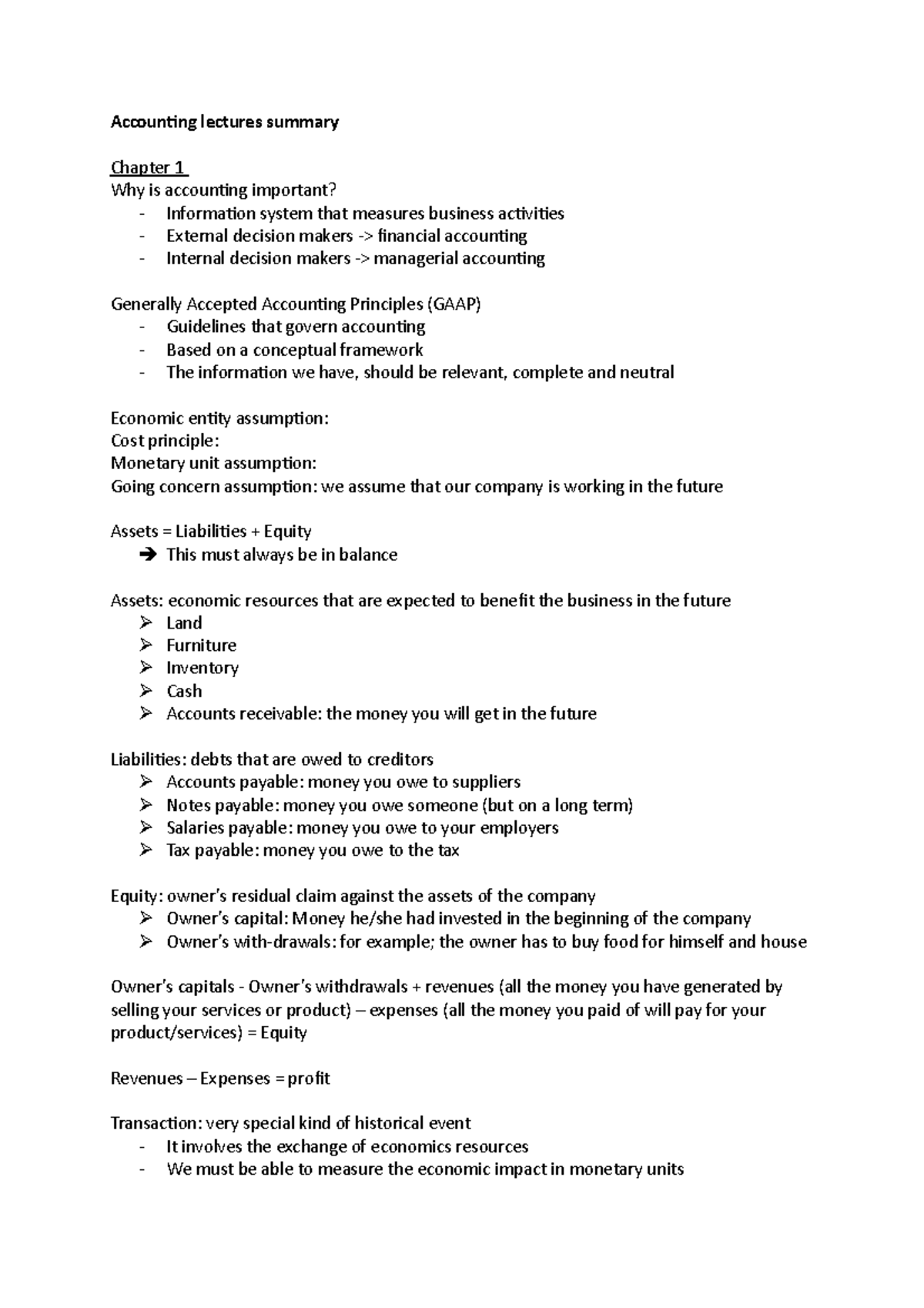 Accounting chapter 1 - Accounting lectures summary Chapter 1 Why is ...