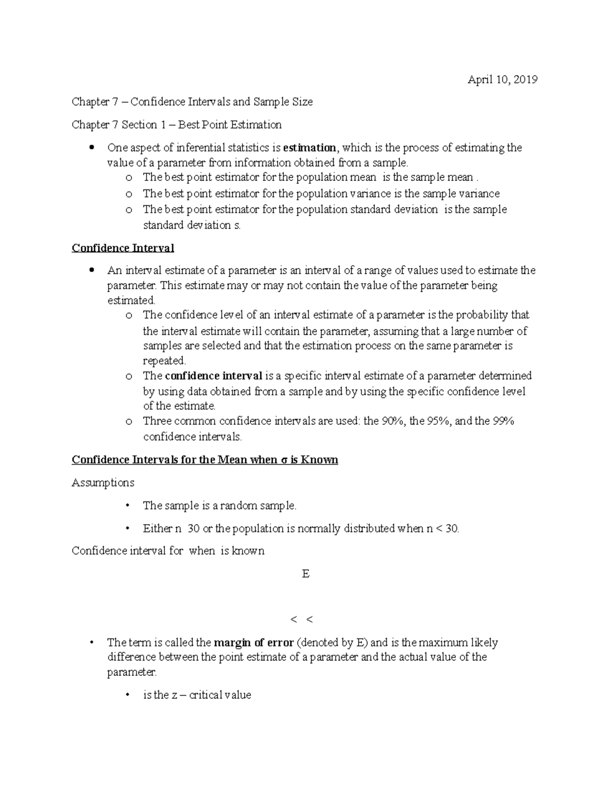 Chapter 7 Section 1 Notes April 10 2019 Chapter 7 Confidence Intervals And Sample Size 2270