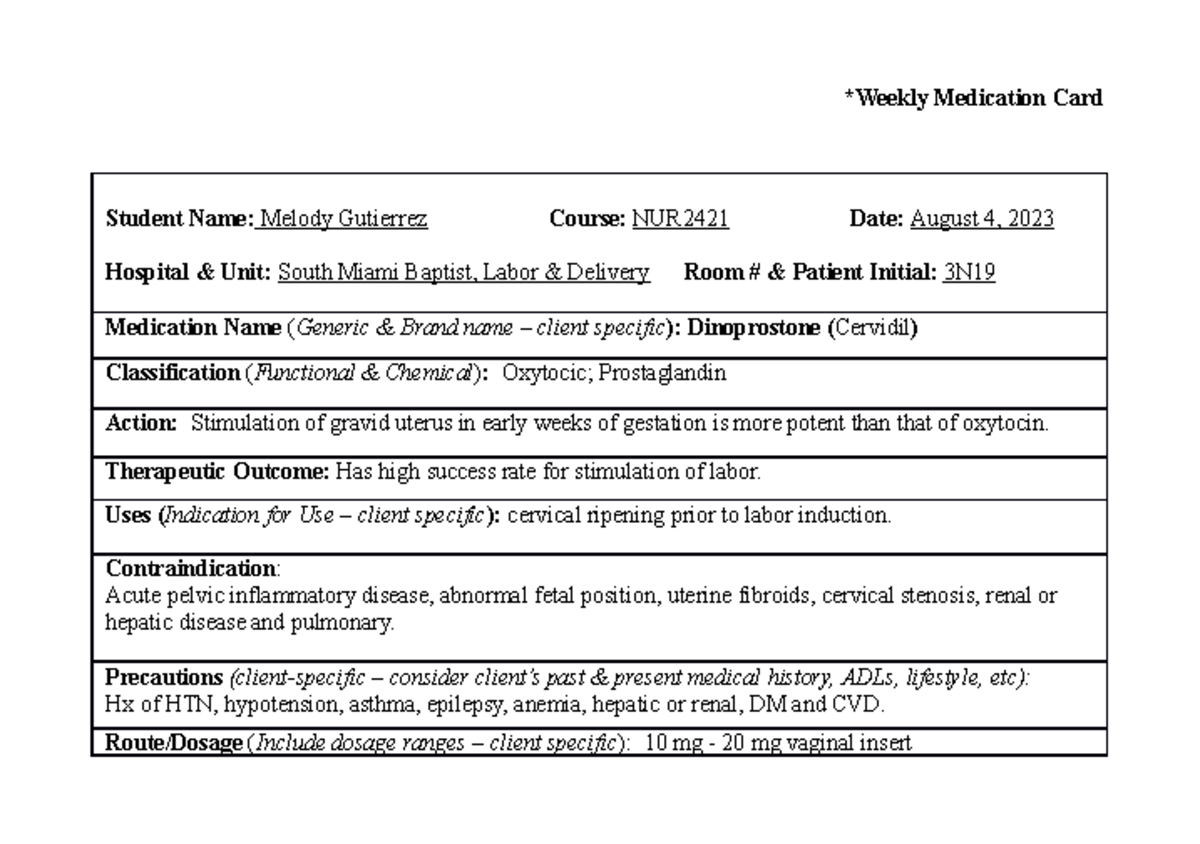 Weekly Medication Card dinoprostone *Weekly Medication Card Student