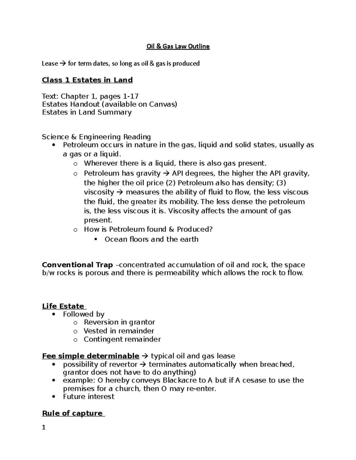 oil and Gas OUTLINE - Oil & Gas Law Outline Lease for term dates, so ...